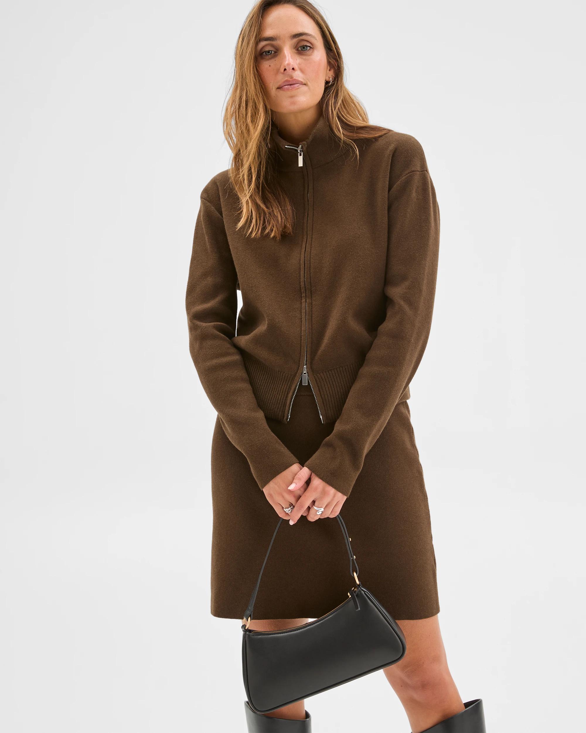 3 Preview Australian Cotton Blend Polished Knit Bomber Cardigan OLIVE, 3 of 6