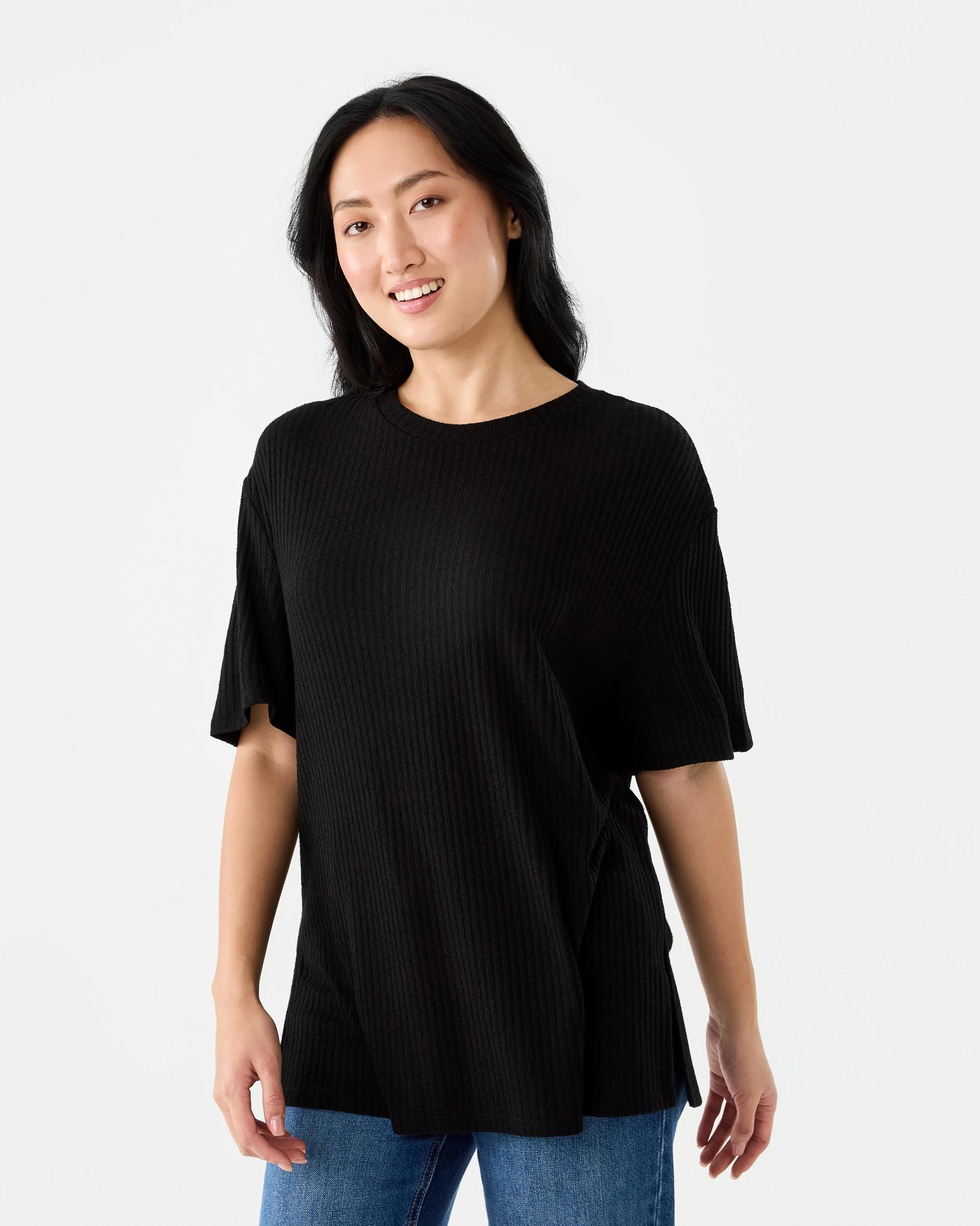 1 Longline Rib Brushed T-shirt Black, 1 of 7