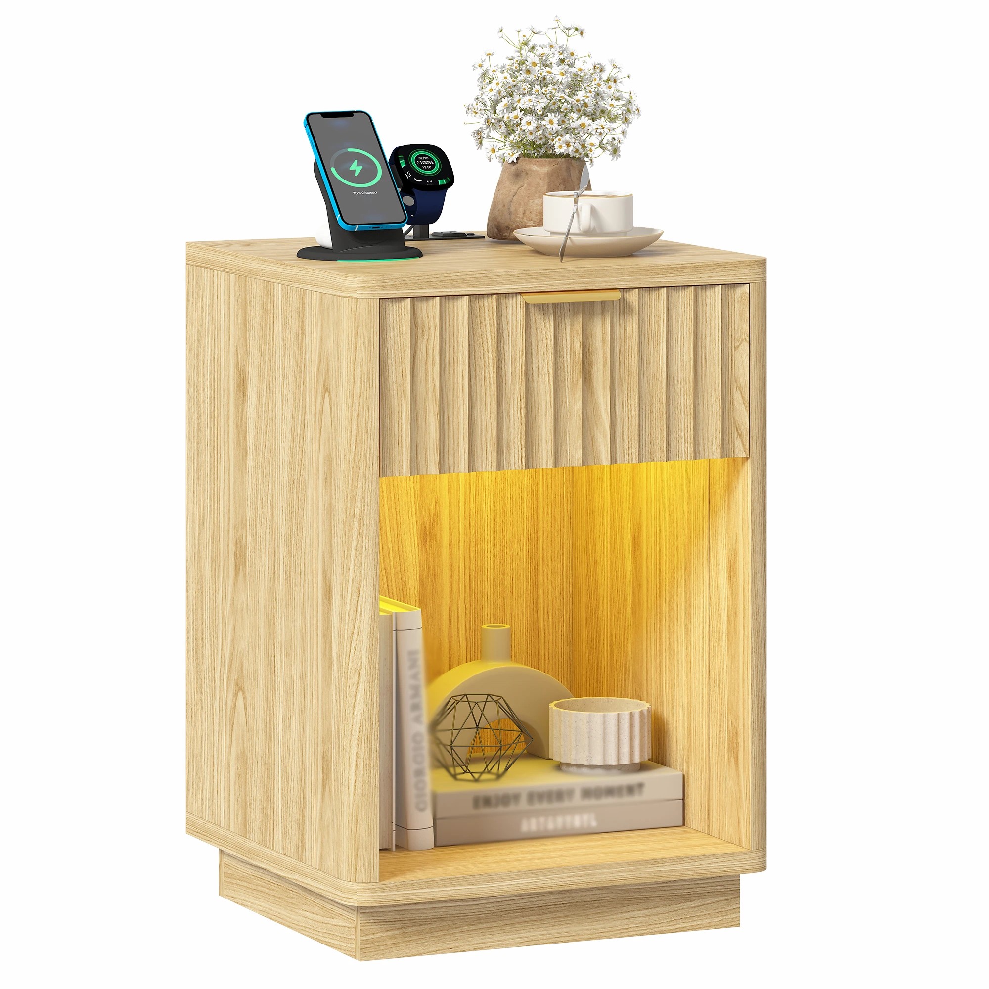 1 Advwin Fluted Wood Bedside Table with LED Light Charging Station Drawer & Shelf - Natural, 1 of 9