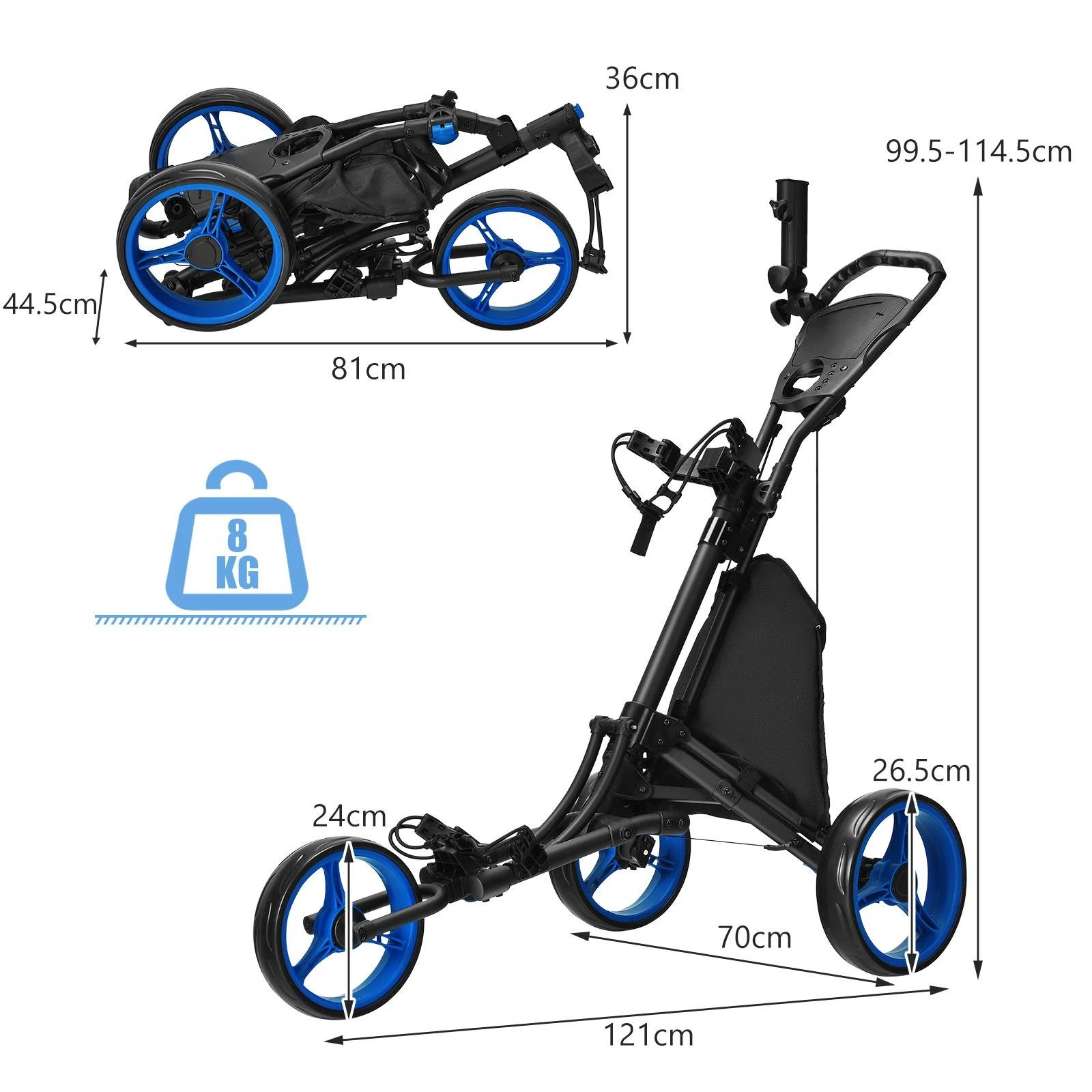 4 Costway 3 Wheels Golf Push Cart Quick Open Golf Trolley w/Padded Seat Foot Brake Storage Bag - Blue, 4 of 4