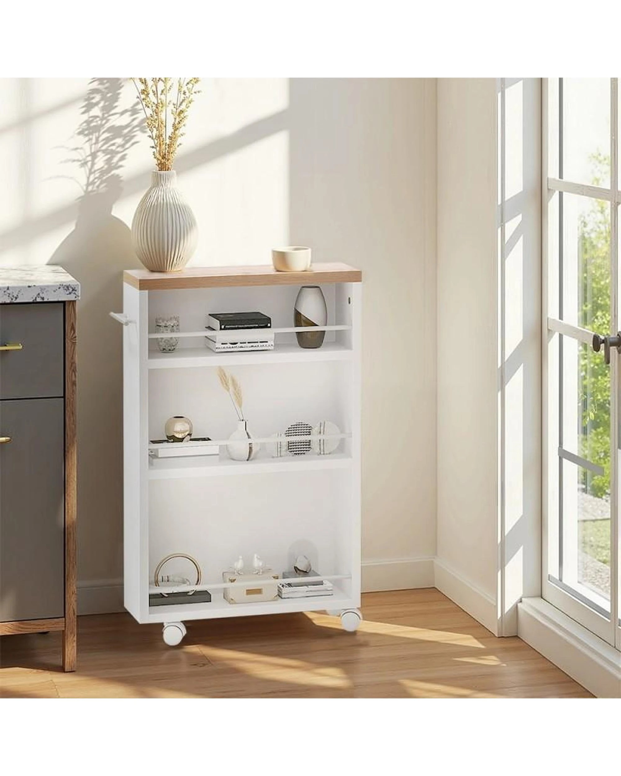 4 OAKORY 80cm Slim 3-Tier Storage Cart, Kitchen Island with Wheels in White  for Narrow Space, 4 of 9