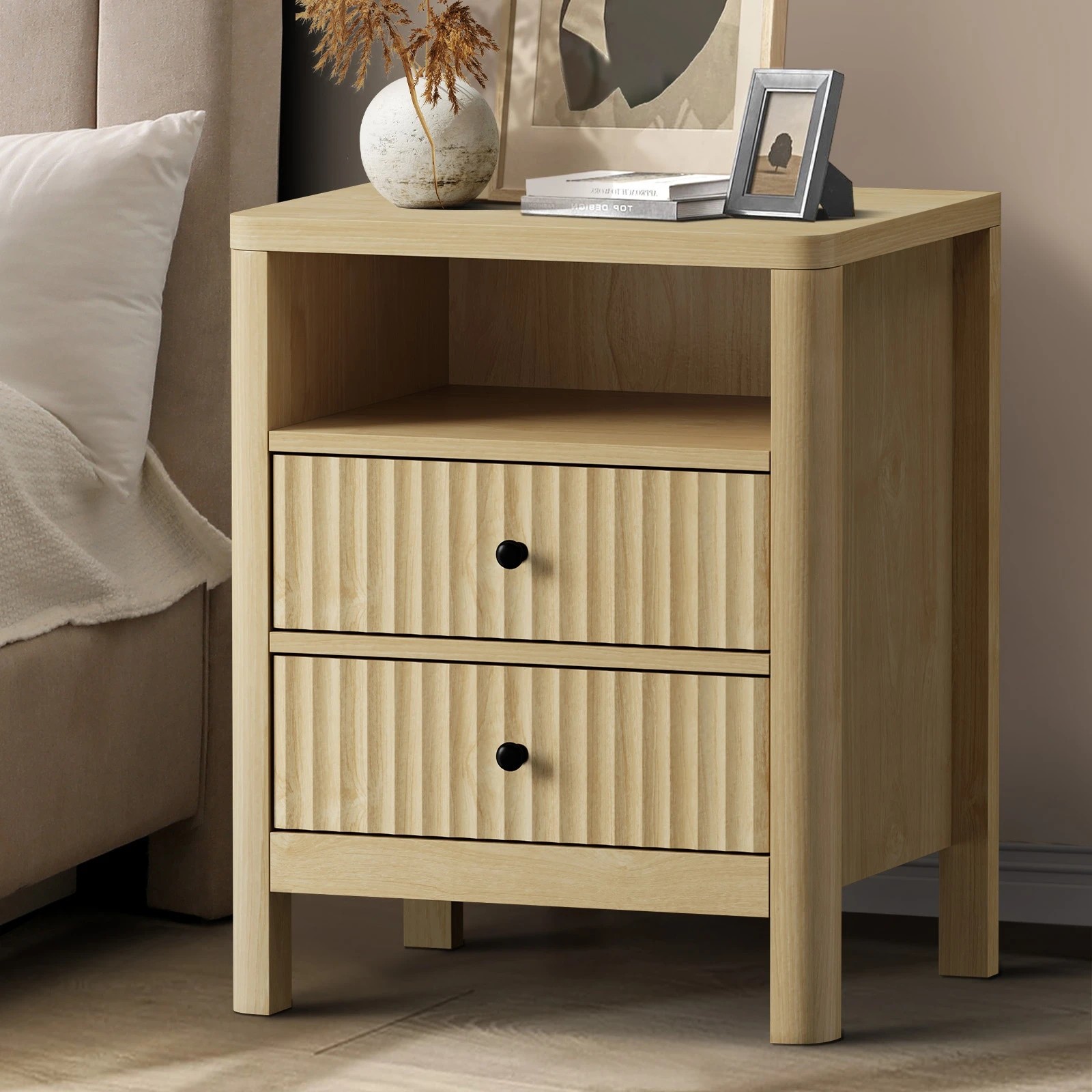 2 Oikiture Bedside Table 2 Drawers Side End Tables Nightstand Open Shelf
 - Natural, 2 of 10