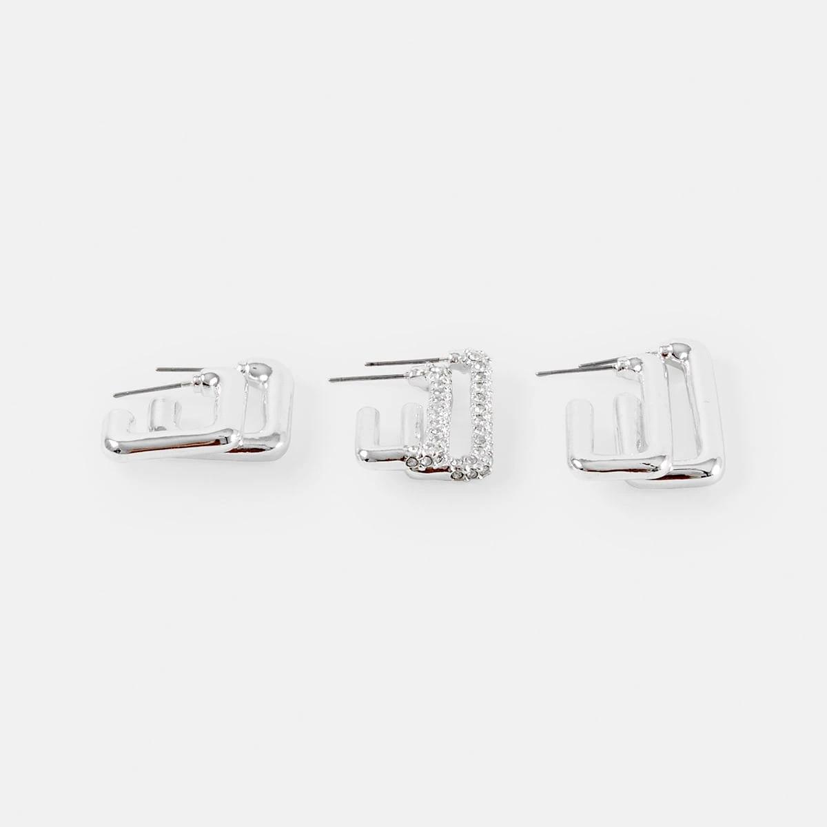 2 3 Pack Square Hoop Earrings - Silver Tone Silver, 2 of 5