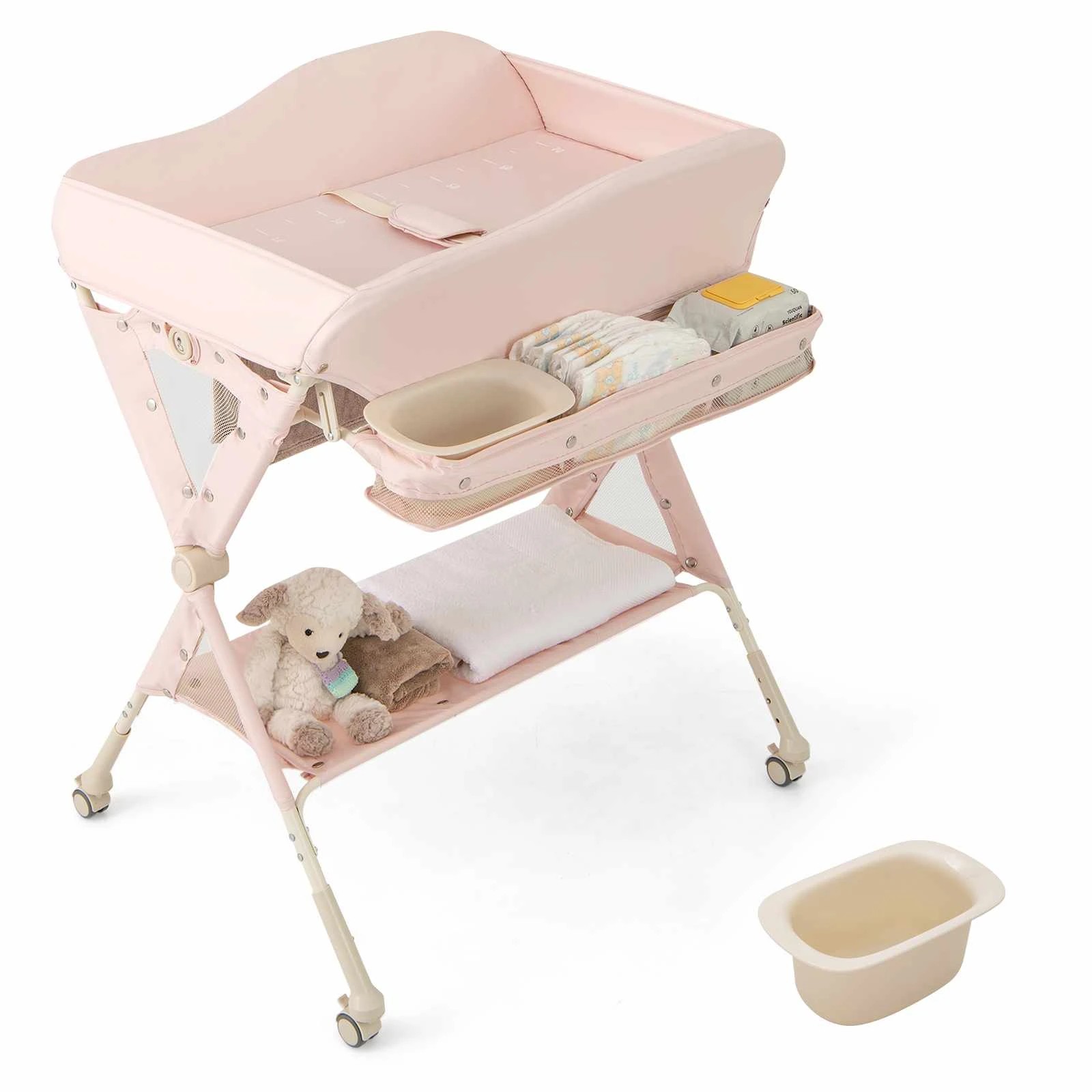 1 Costway 4-in-1 Foldable Change Mobile Station w/Bathtub Table - Pink, 1 of 1