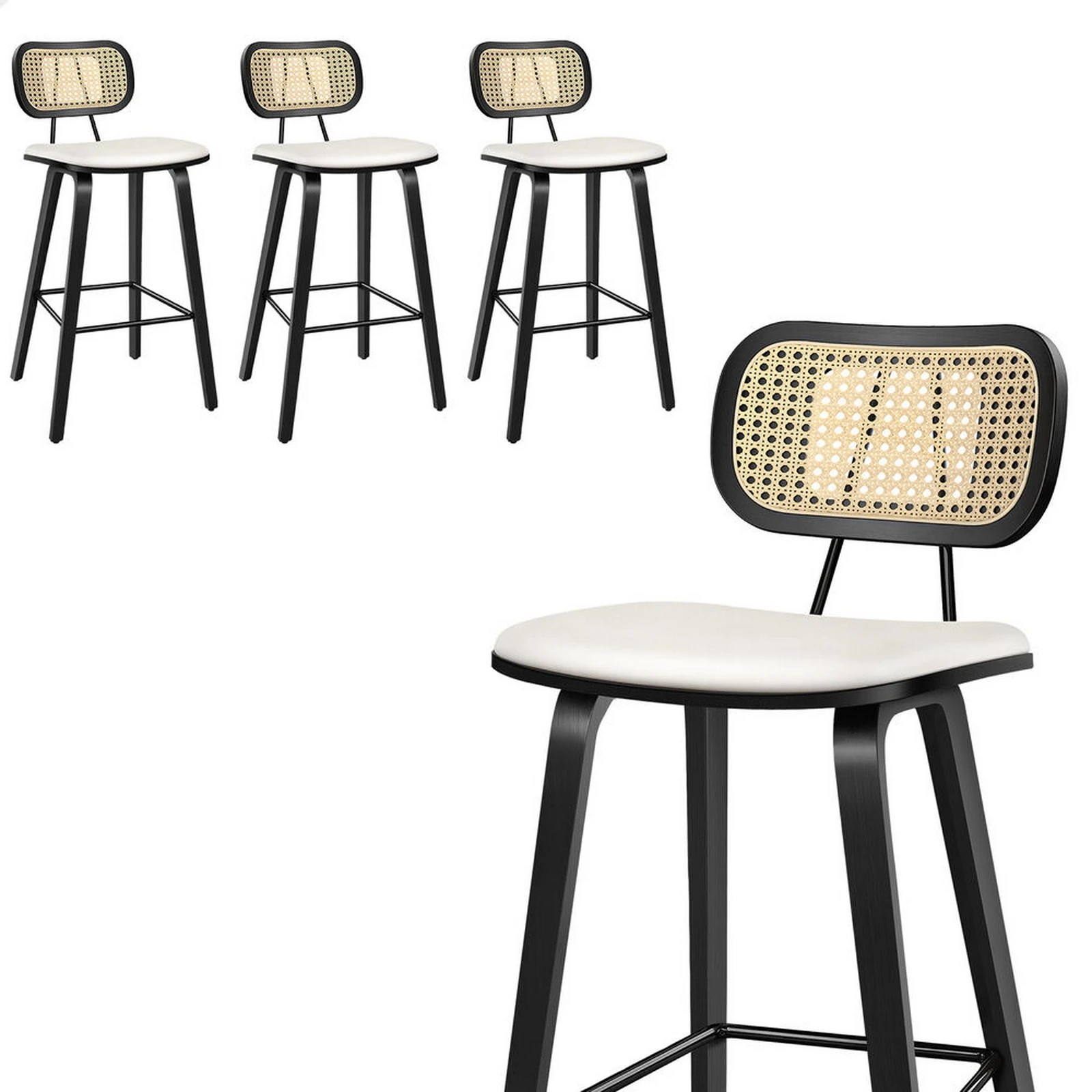 1 Alfordson 4x Bar Stools Kitchen Vintage Leather Seat Rattan Chair - White, 1 of 9