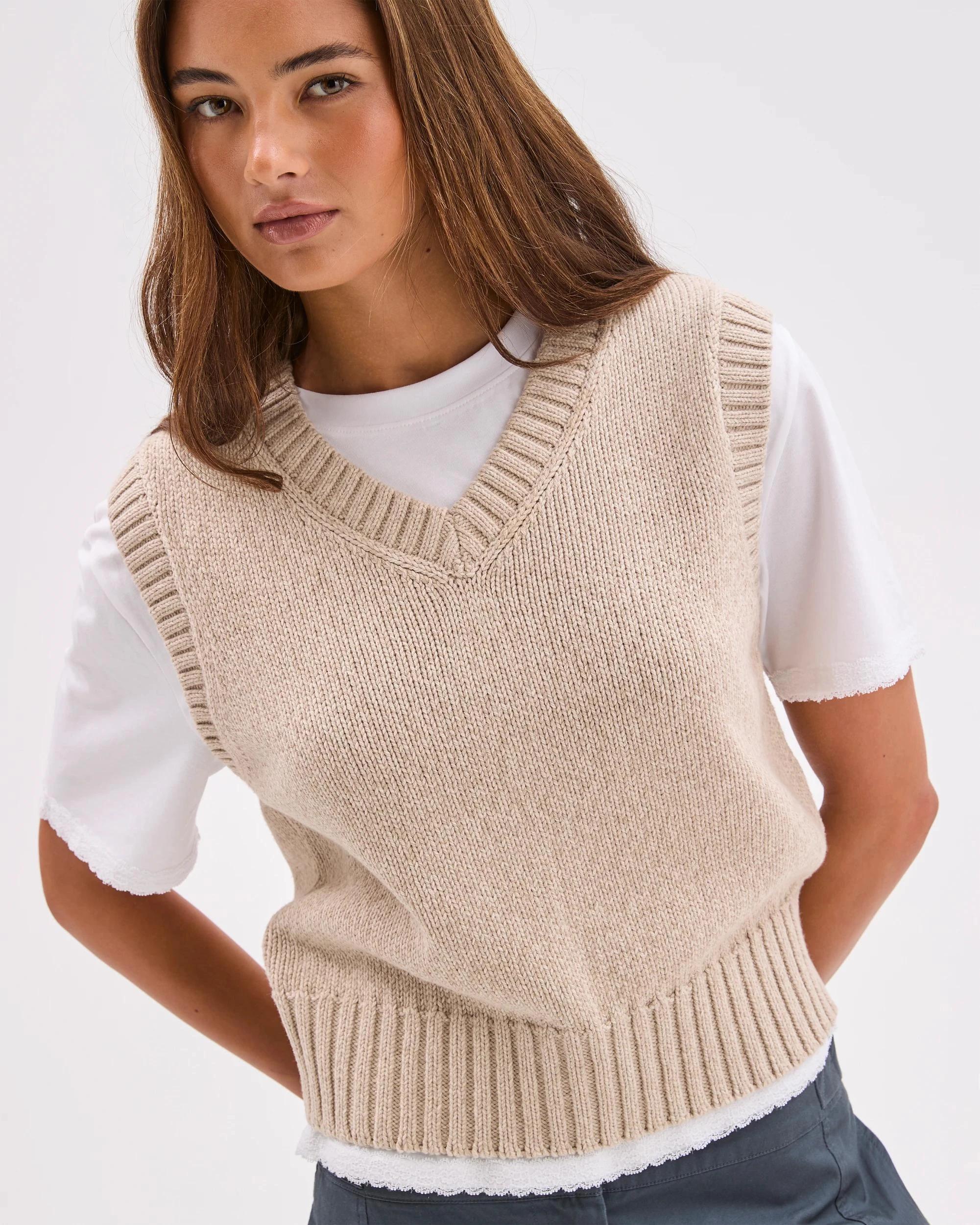 3 Lily Loves Australian Cotton Blend V-Neck Knit Vest OATMEAL, 3 of 6