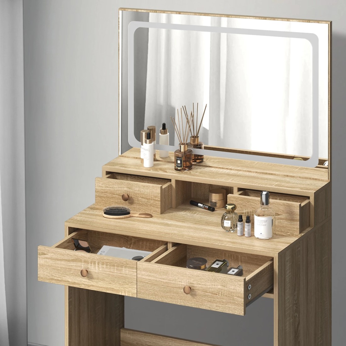 5 Oikiture Dressing Table Stool Set Led Mirror Vanity Desk With Drawers
 - Natural, 5 of 9