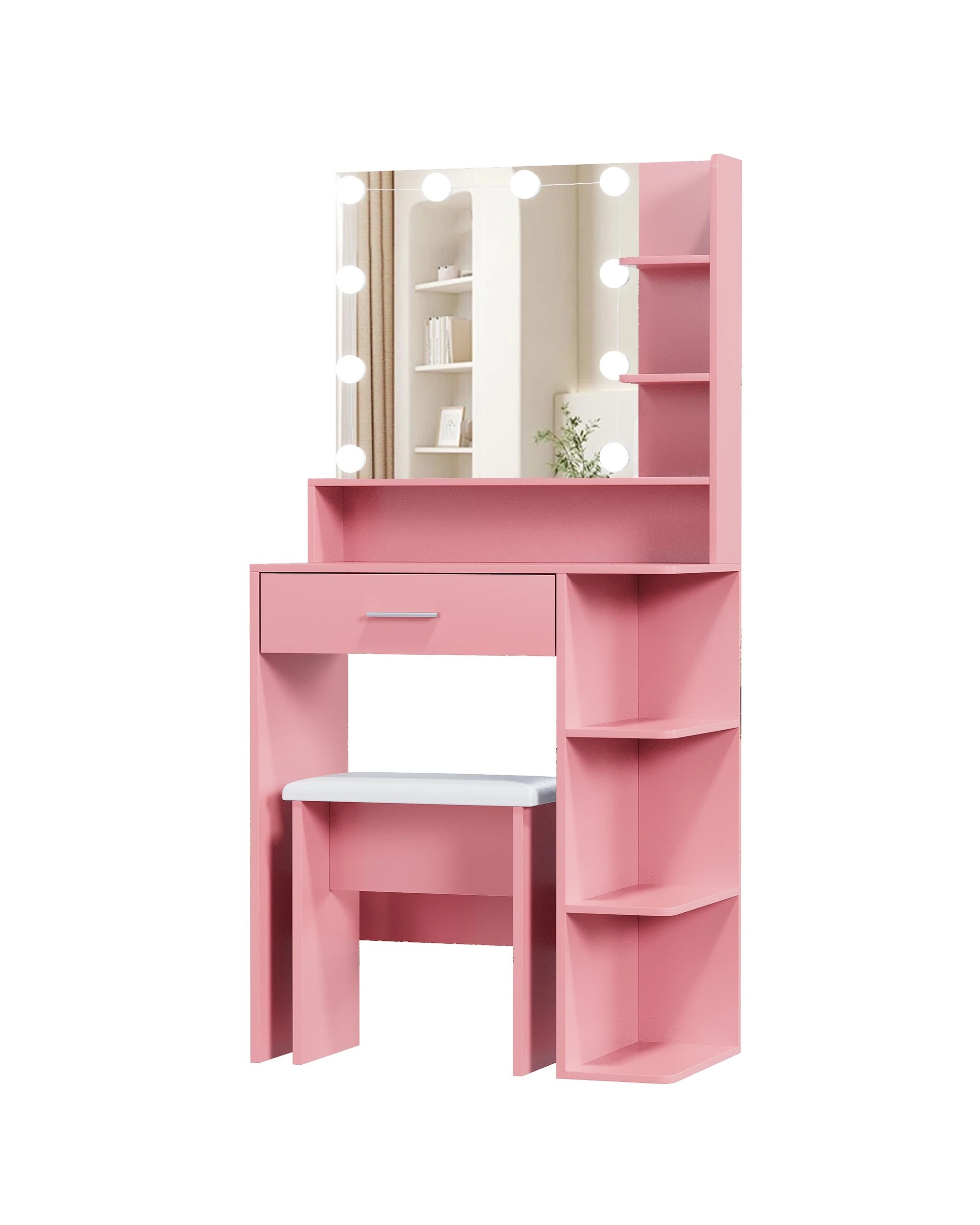 1 Advwin Dressing Table Stool Set LED Light Charging Station Glass Cabinet Tabletop - Pink, 1 of 9