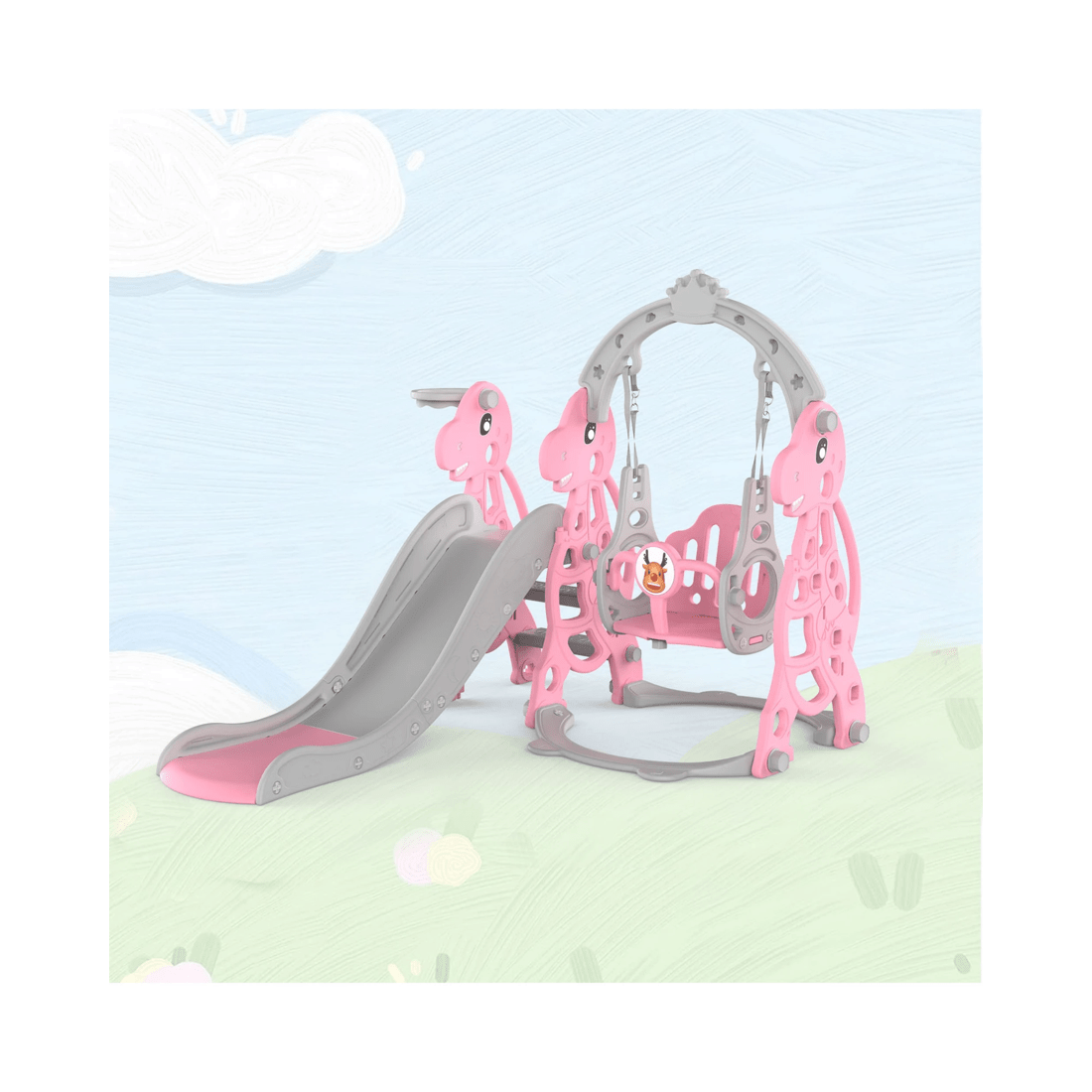 3 Advwin 4-in-1 Kids Slide Swing Set with Basketball Hoop Pink, 3 of 8