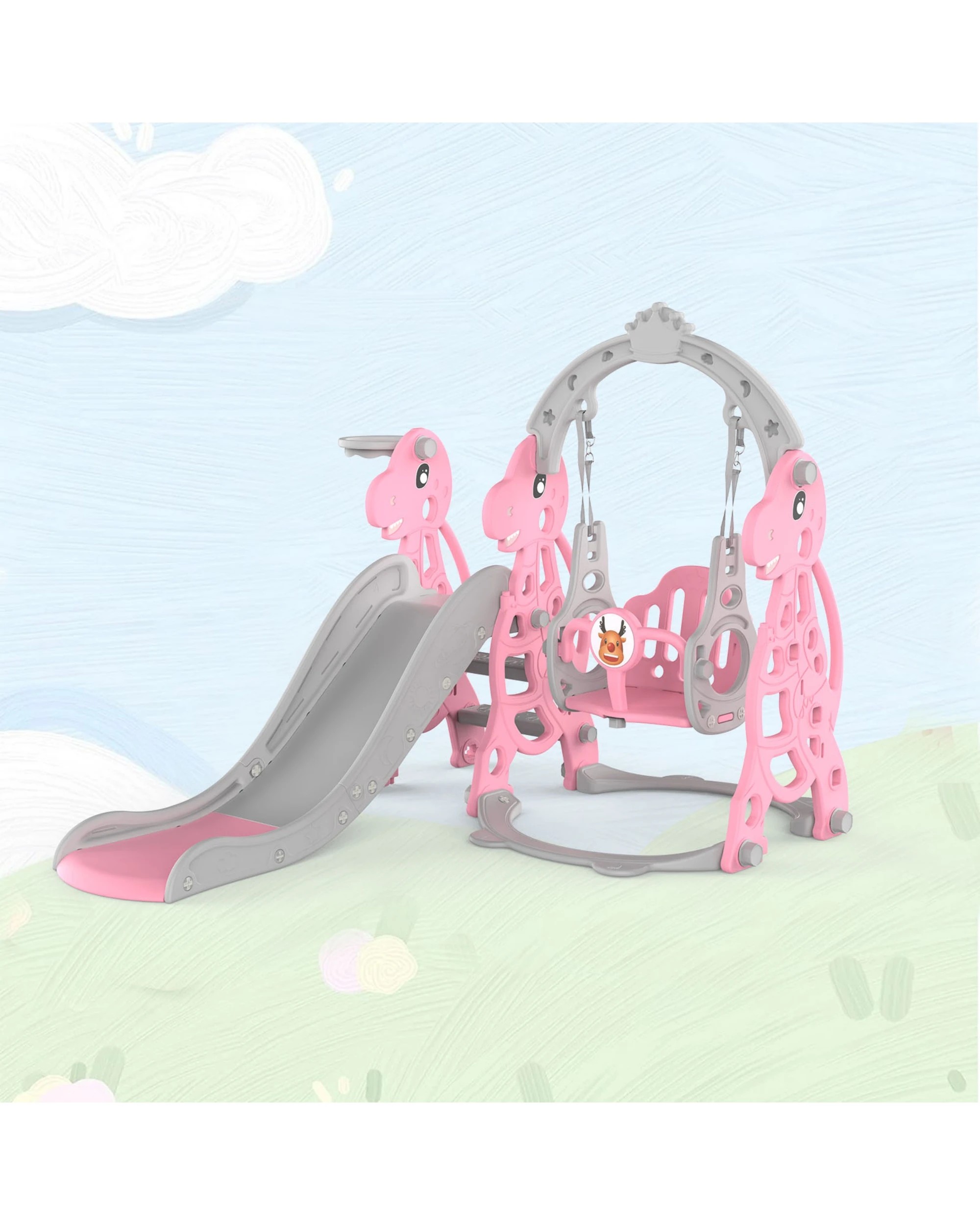 3 Advwin 4-in-1 Kids Slide Swing Set with Basketball Hoop Pink, 3 of 8
