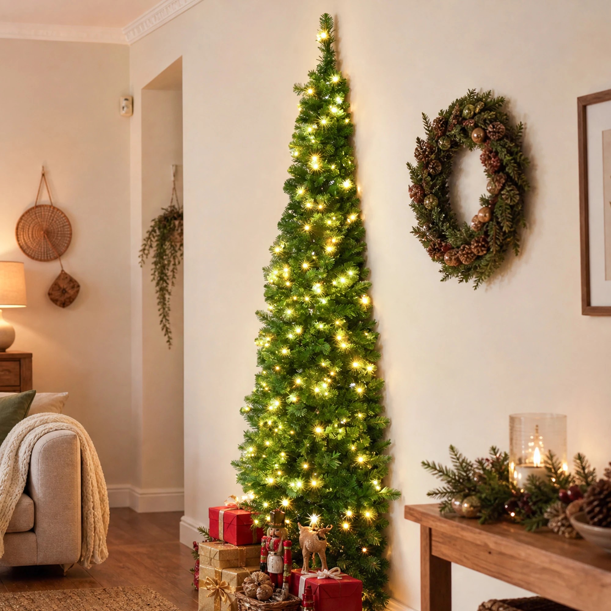 8 Jingle Jollys 2.4m Pre-Lit Christmas Tree Slim Pencil Xmas Tree Corner Tree - Green, 8 of 8