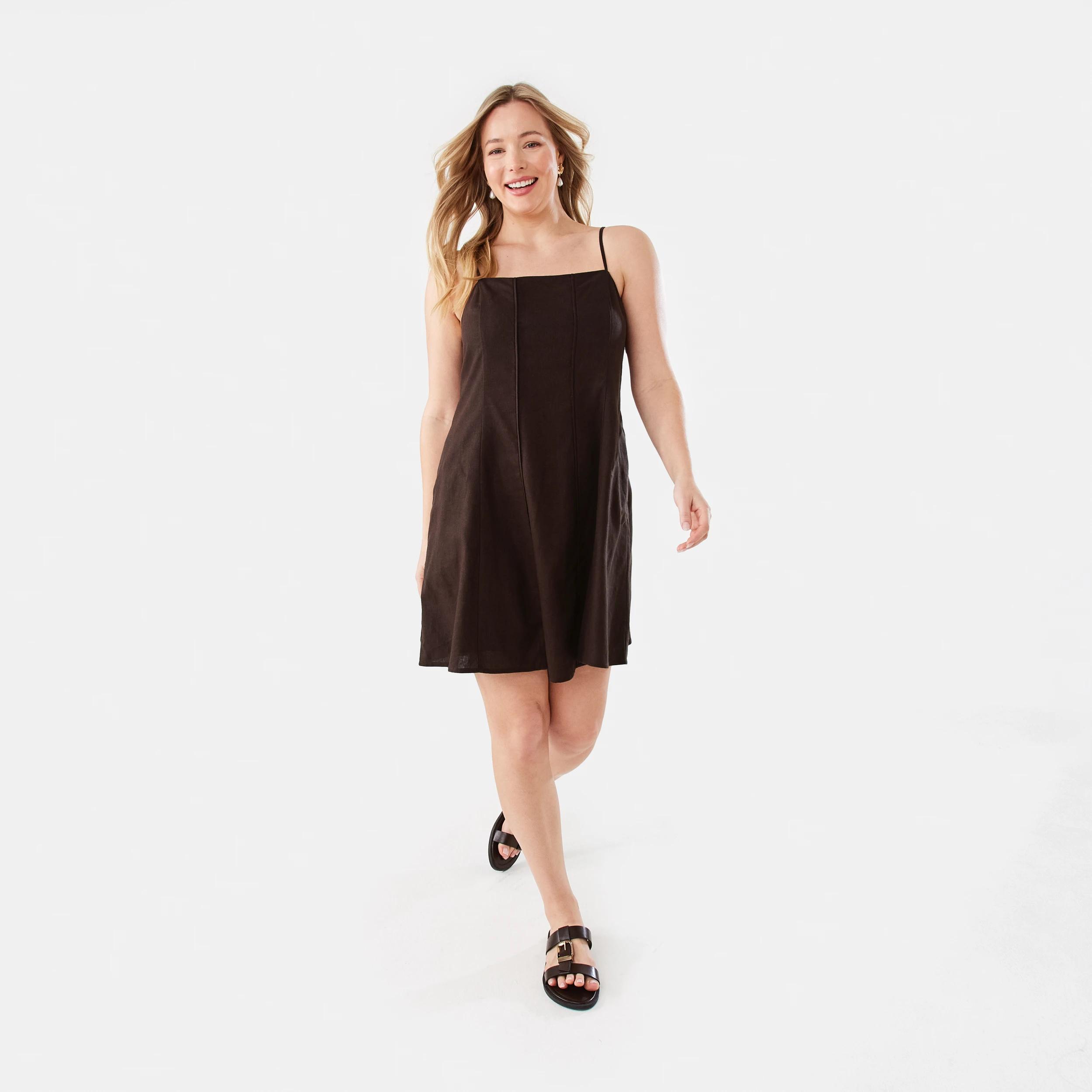 3 Sleeveless Pintuck Linen Blend Mini Dress Melt Brown, 3 of 11