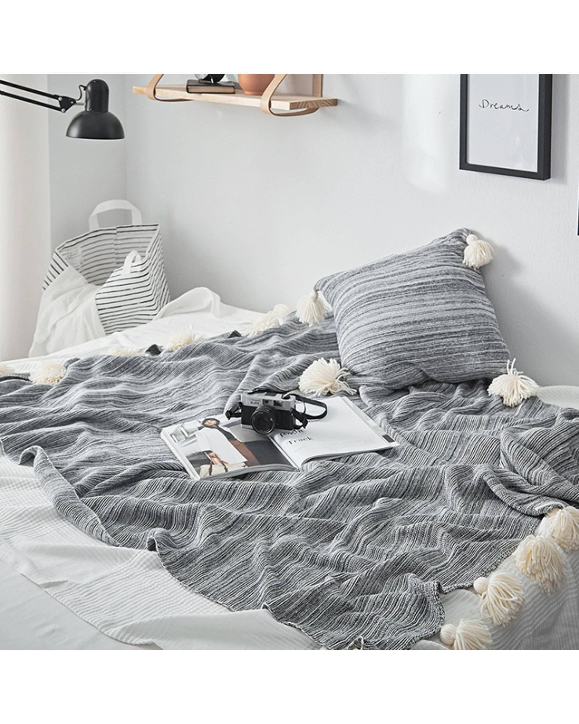 3 Cotton More 100% Cotton Tassel Knitted Sofa Bed Blanket 130x180cm - Black, 3 of 3
