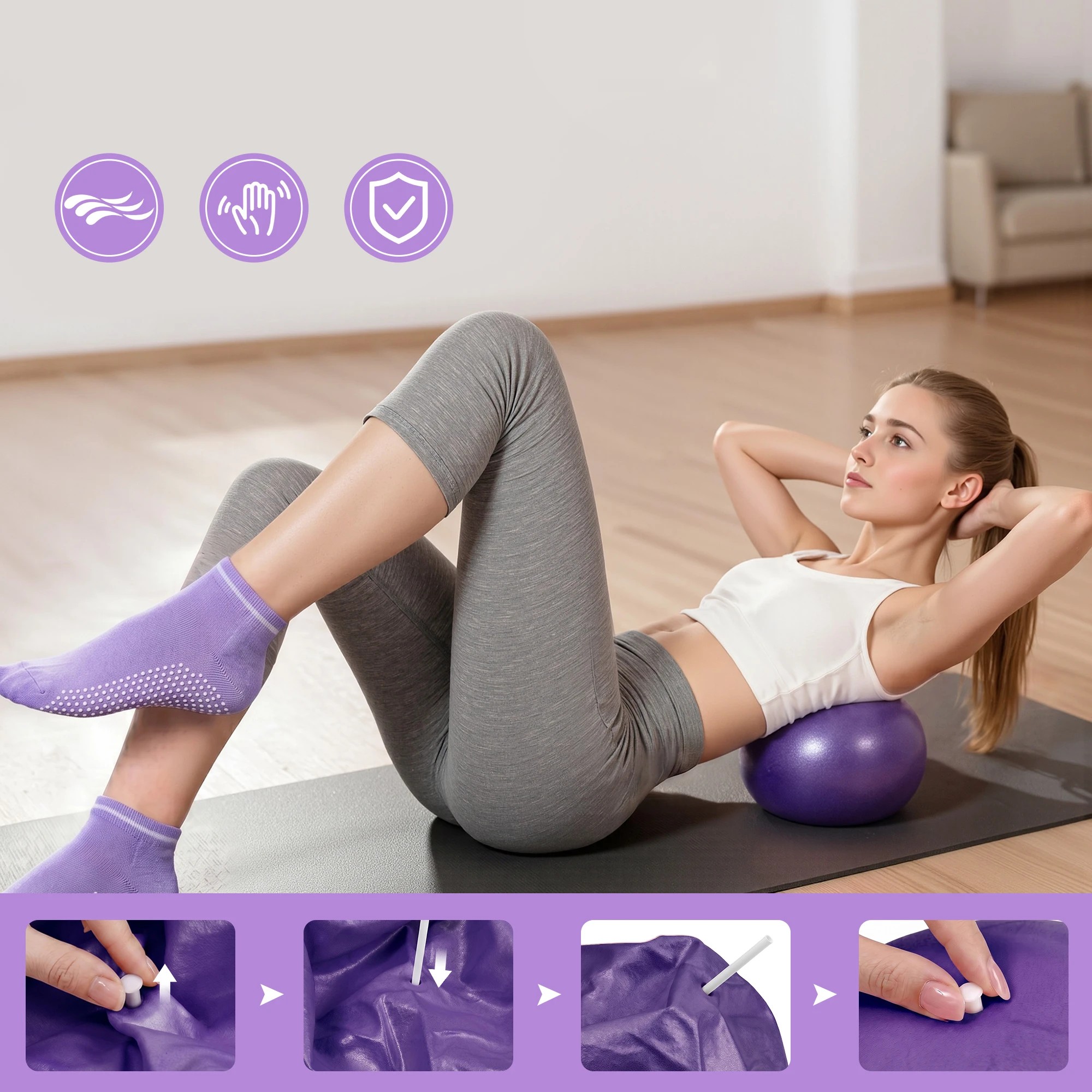 7 Everfit Pilates Ring Set 15Pcs Home Workout Fitness Equipment Yoga Ball Socks Starter Kit - Purple, 7 of 9