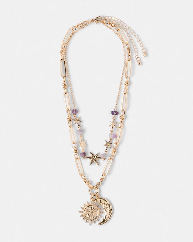 2 Pack Celestial Charm Necklace - Purple and Gold 