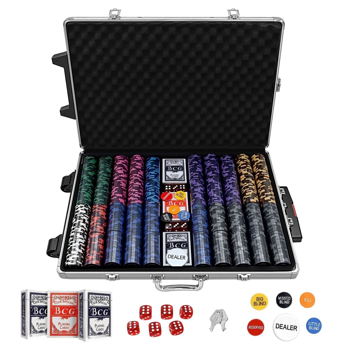3 AUSWAY 1000PC Casino Poker Chips Game Play Set Professional Texas Holdem Blackjack Deck Card Dice Lock Case, 3 of 4