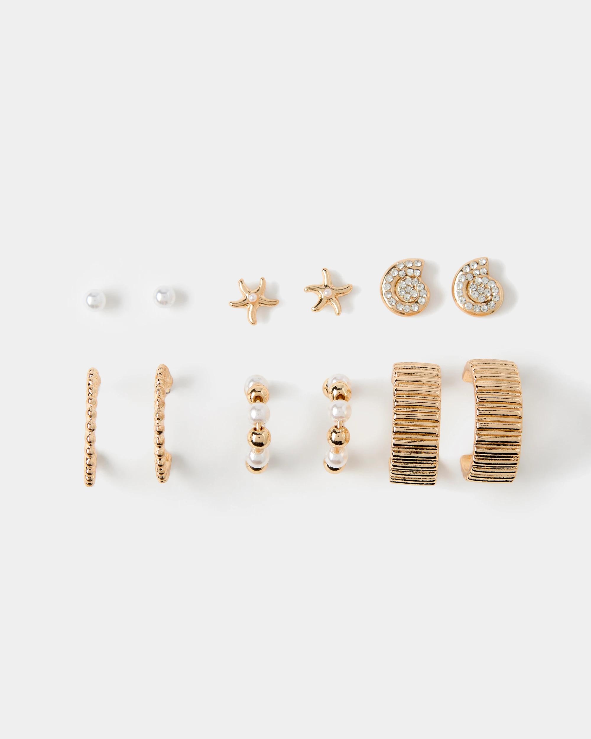 6 Pack Ocean Stud Earrings - Gold Tone - Kmart