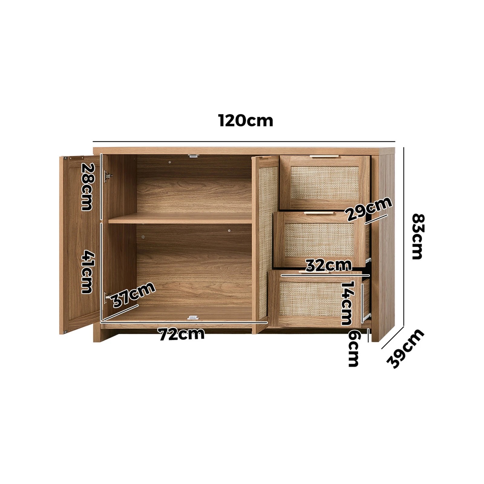 2 Oikiture Rattan Buffet Sideboard Storage Cabinet 3 Drawers - Natural, 2 of 10