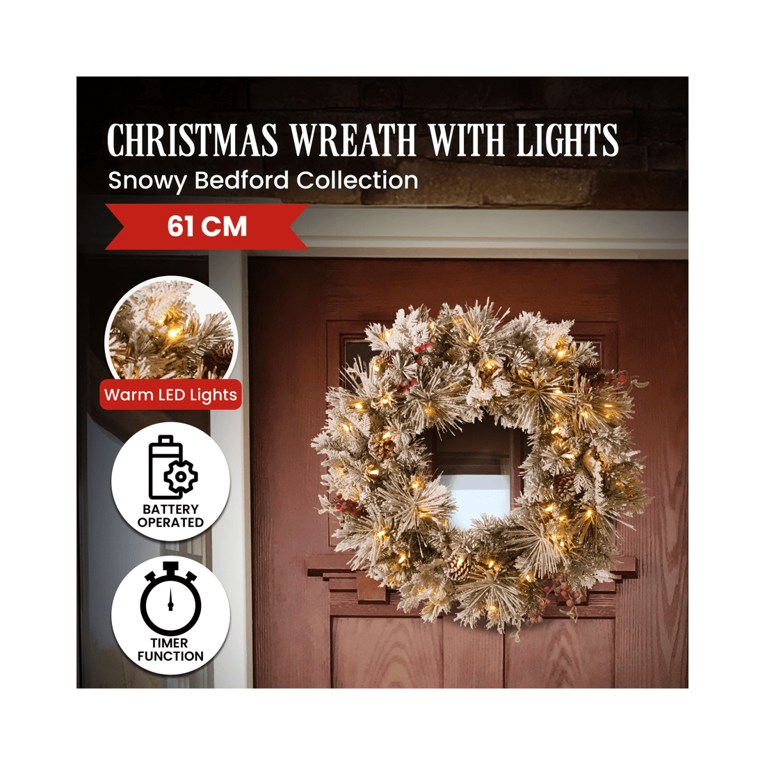 7 Christabelle 61cm Snowy Christmas Wreath Bedford With Led Lights Front Door Decoration Ornament, 7 of 7