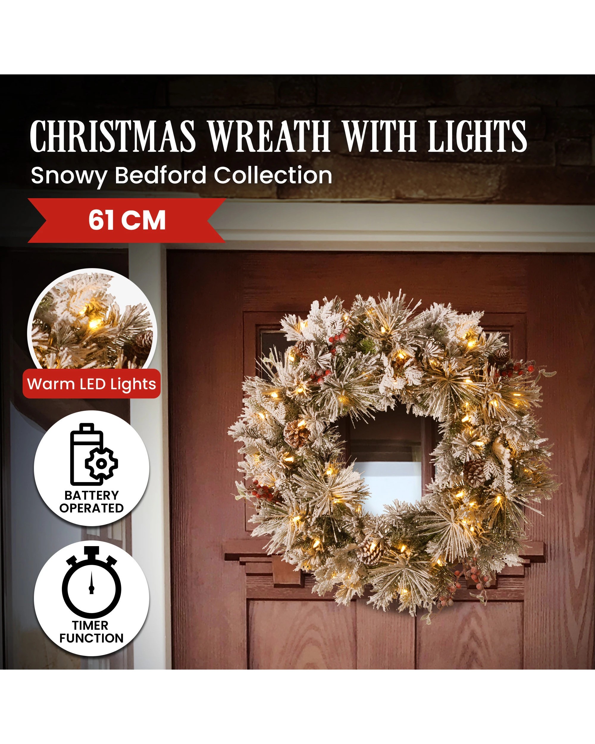 7 Christabelle 61cm Snowy Christmas Wreath Bedford With Led Lights Front Door Decoration Ornament, 7 of 7