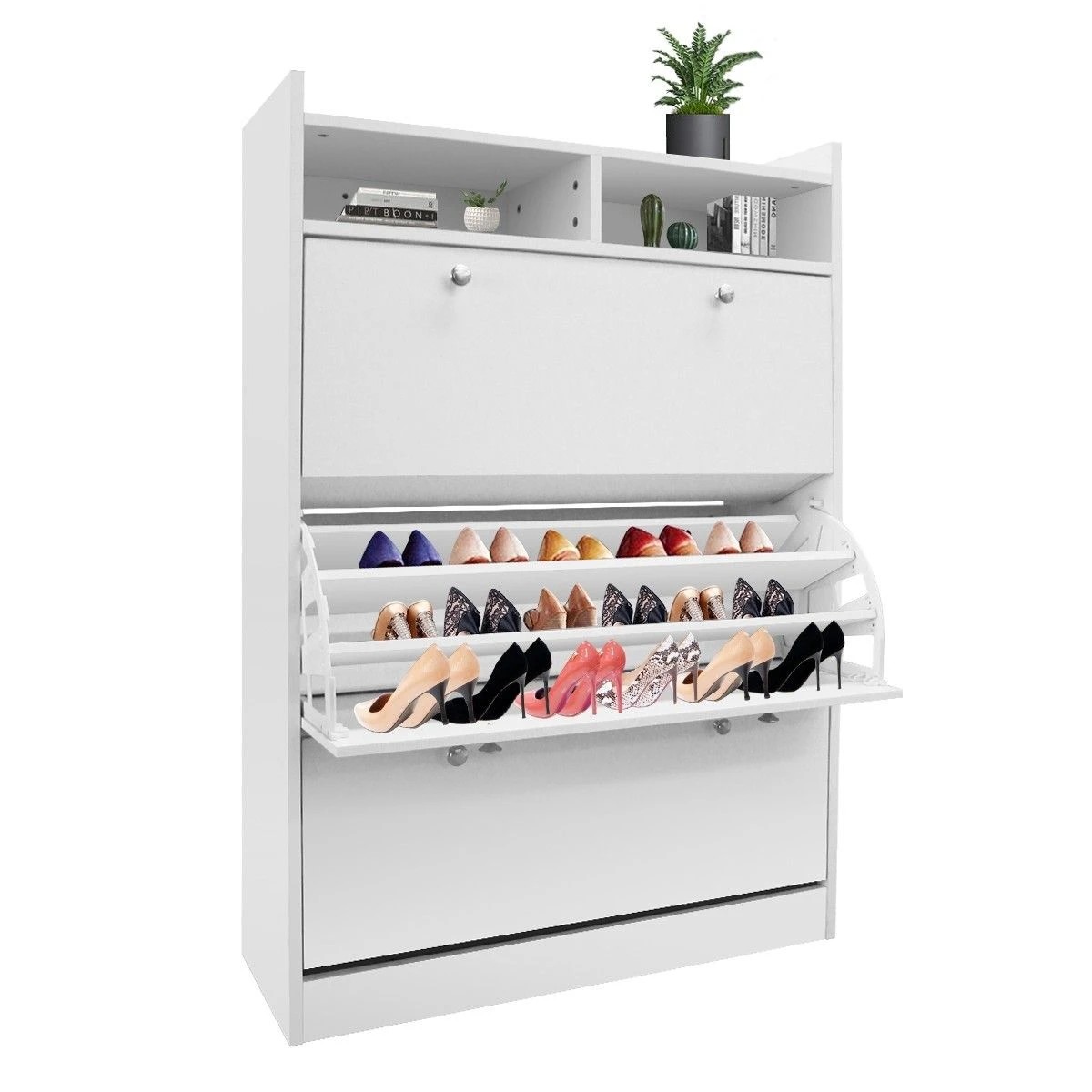 1 Ausway 45 Pairs Wood Shoe Cabinet Rack Storage Shelves in White Finish, 1 of 5