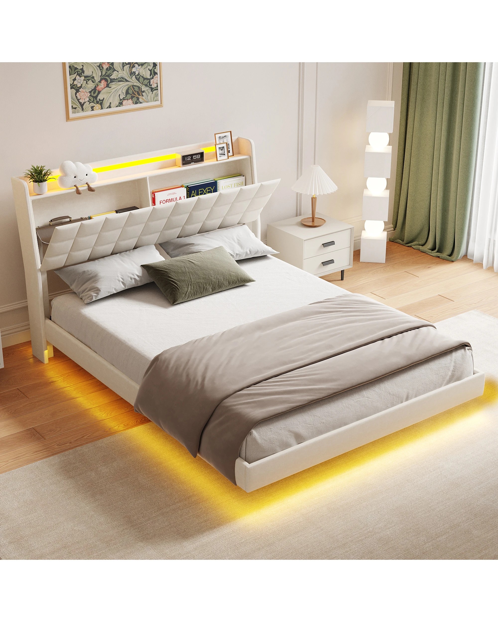 5 Advwin Queen Floating Bed Frame with LED Lights and Storage Headboard - Beige, 5 of 6