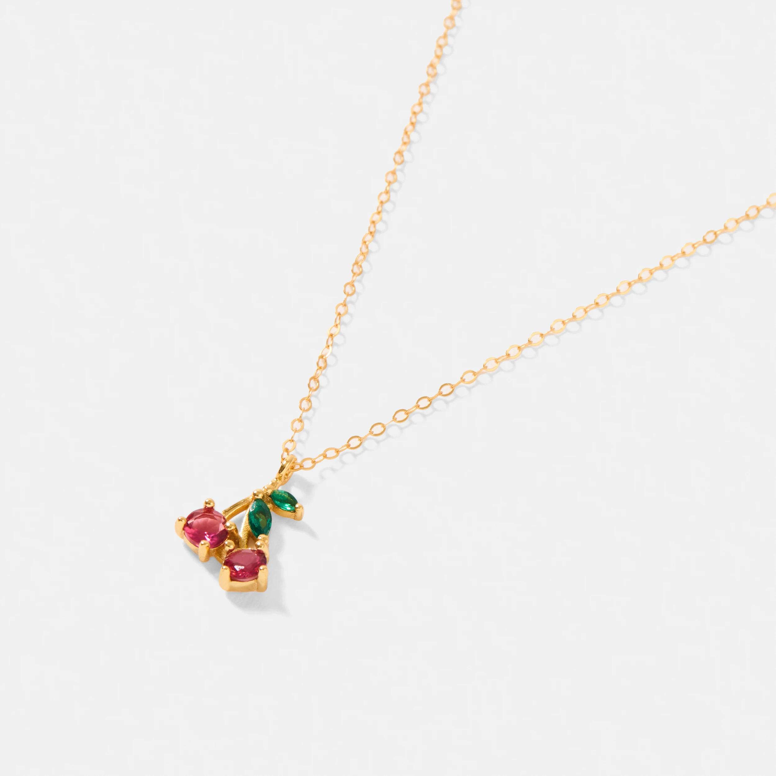 2 Gold Plated Sterling Silver Cherry Necklace - Green, Red and Gold Tone Gold, 2 of 4