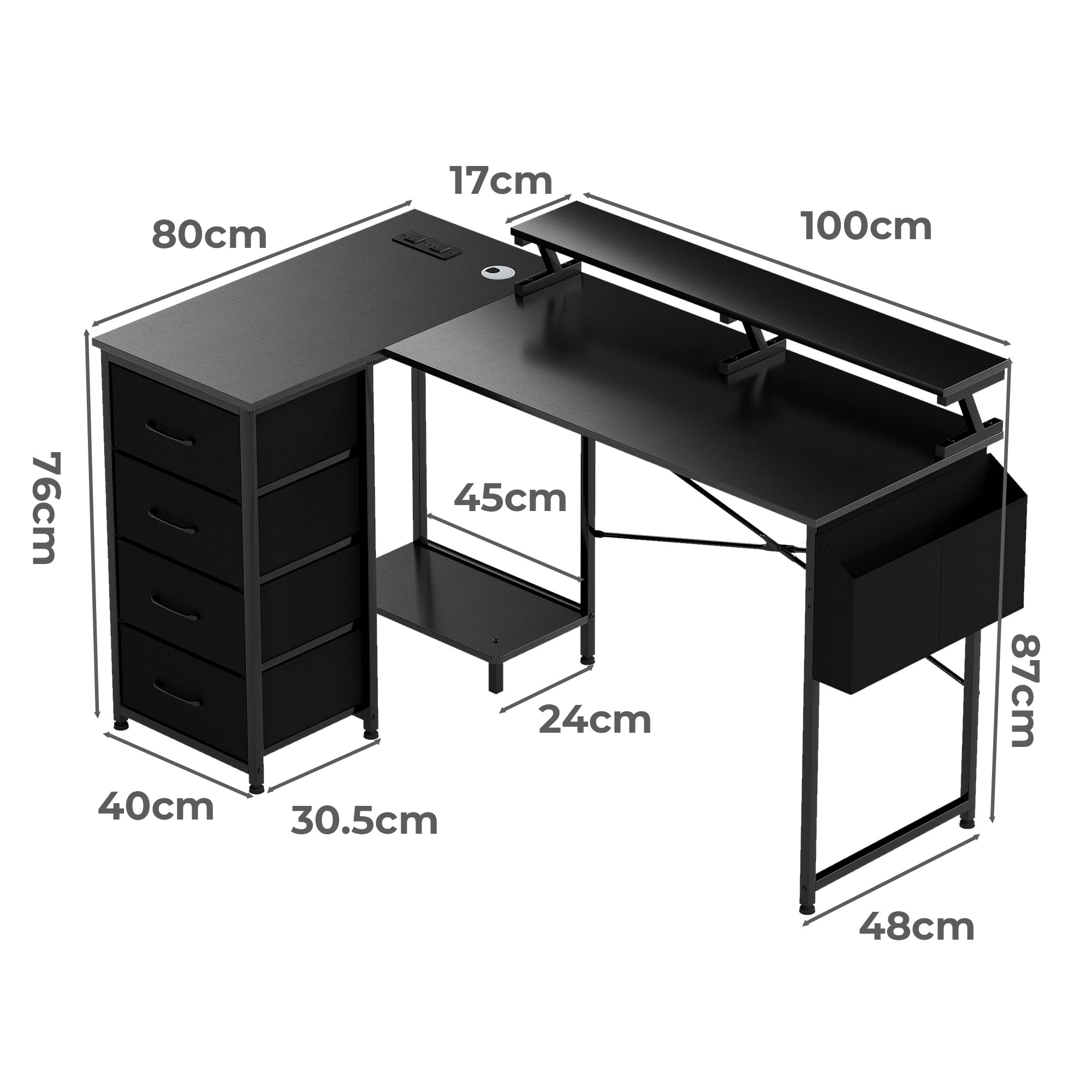 3 Levede L Shaped Gaming Desk with LED Storage Drawers Power Outlet - Black, 3 of 9