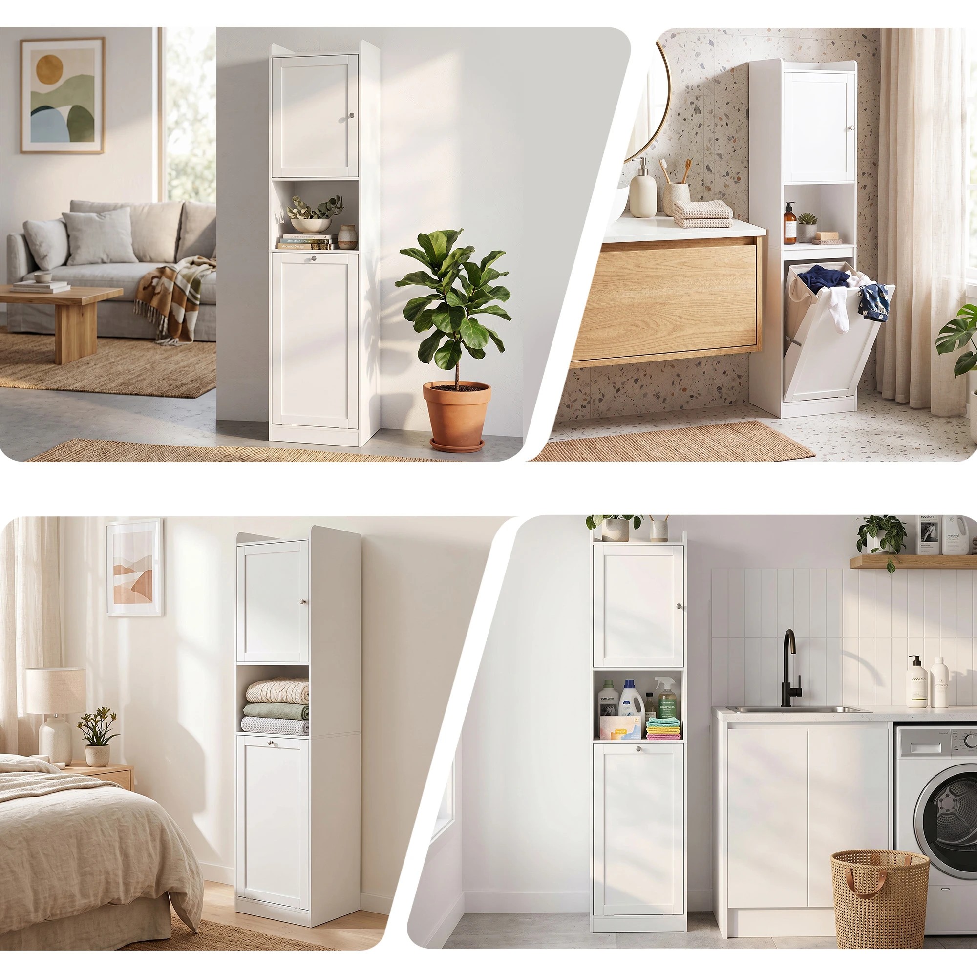 10 Artiss Tall Bathroom Storage Cabinet with Tilt Out Laundry Hamper 170cm- White, 10 of 10