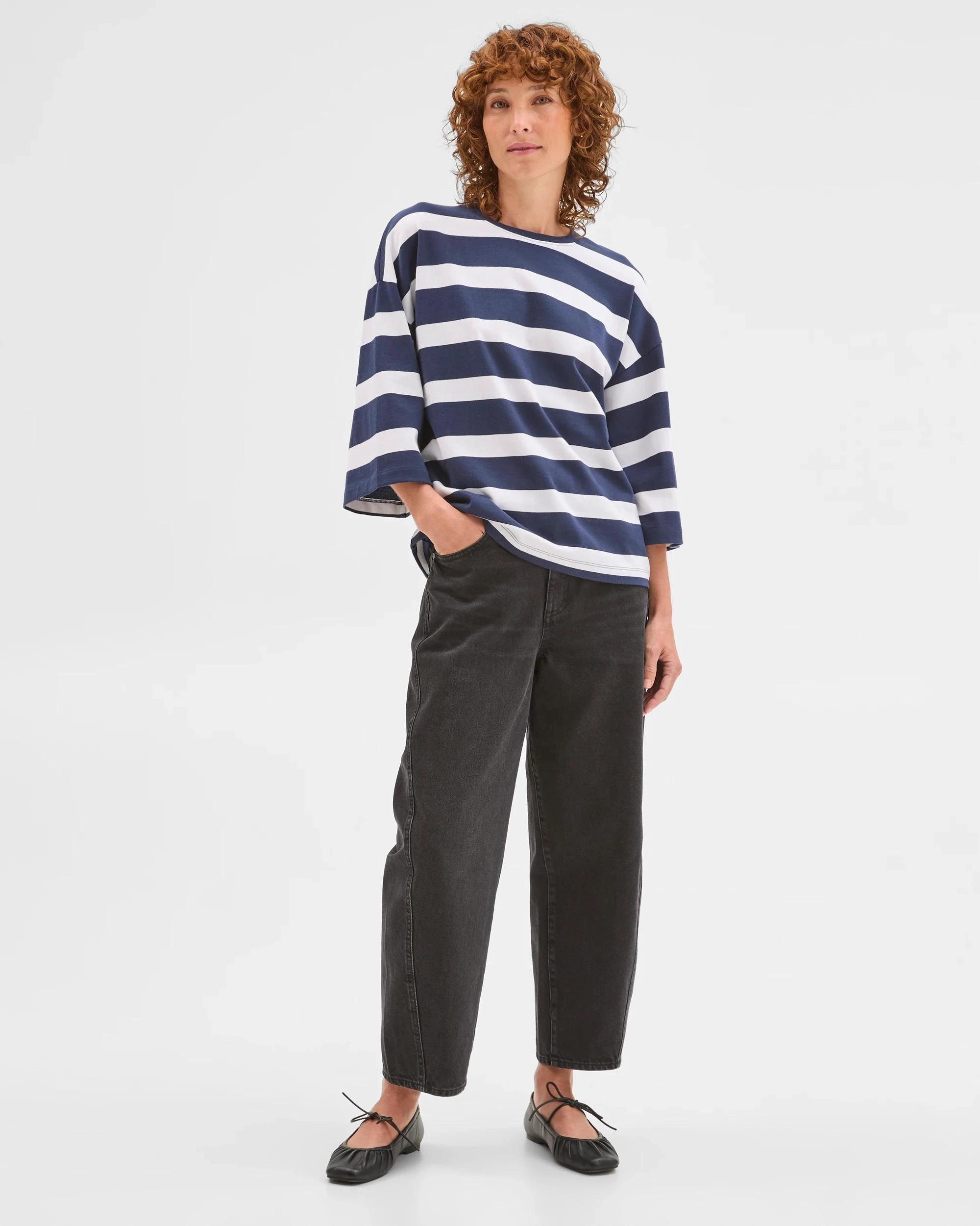 2 Target Woman Australian Cotton 3/4 Length Wide Sleeve Boxy T-Shirt NAVY + WHITE, 2 of 7