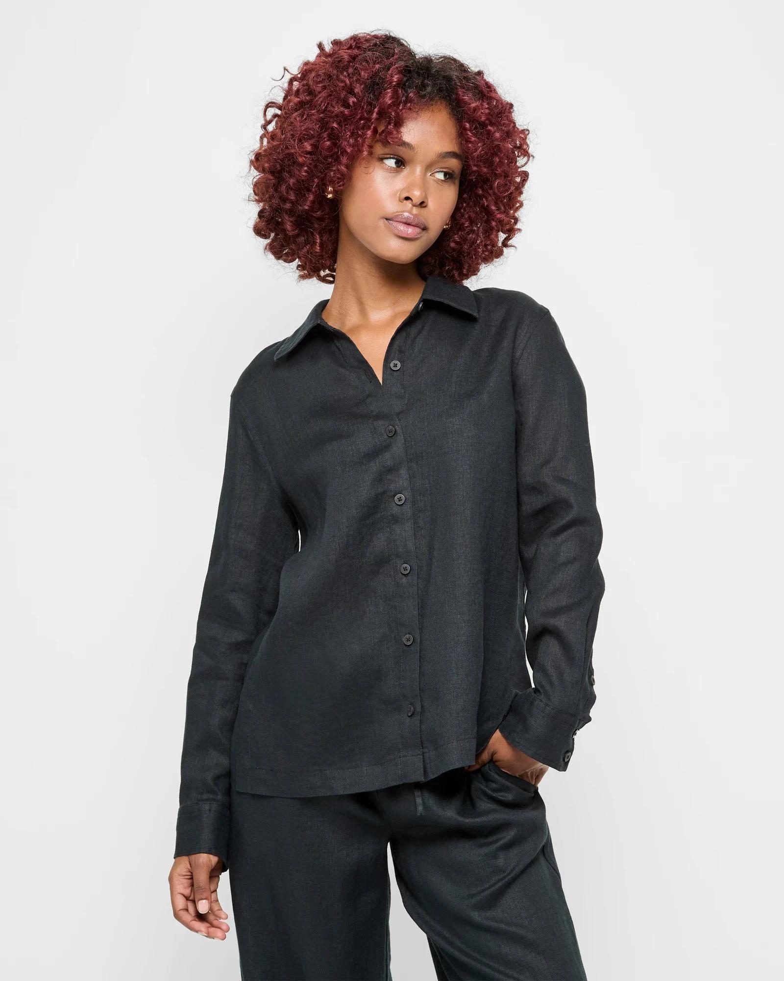 1 Target Petites Petites European Linen Long Sleeve Shirt BLACK, 1 of 5