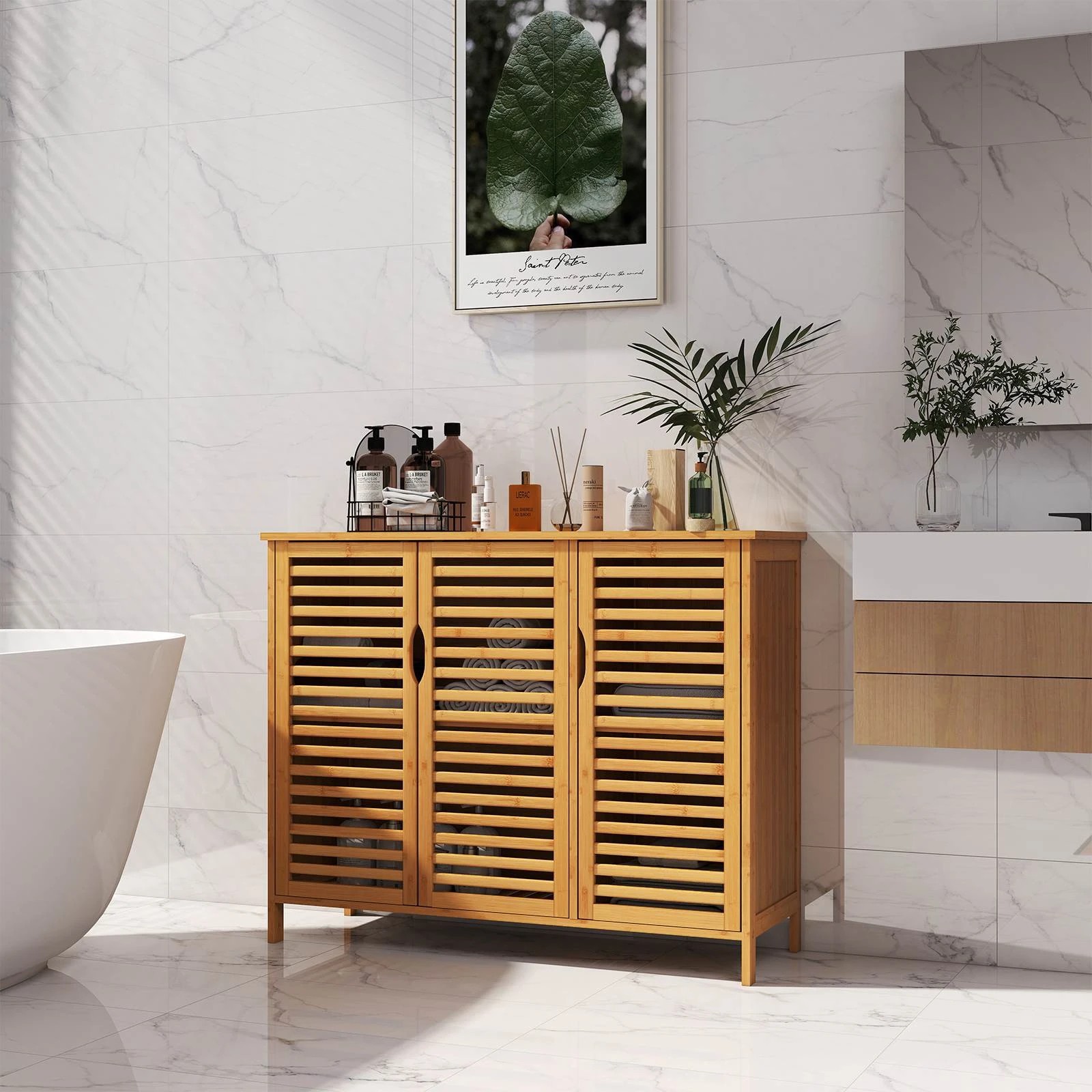 3 Costway Bamboo Bathroom Cabinet 3-Door Storage Organizer Freestanding Storage Unit, 3 of 4