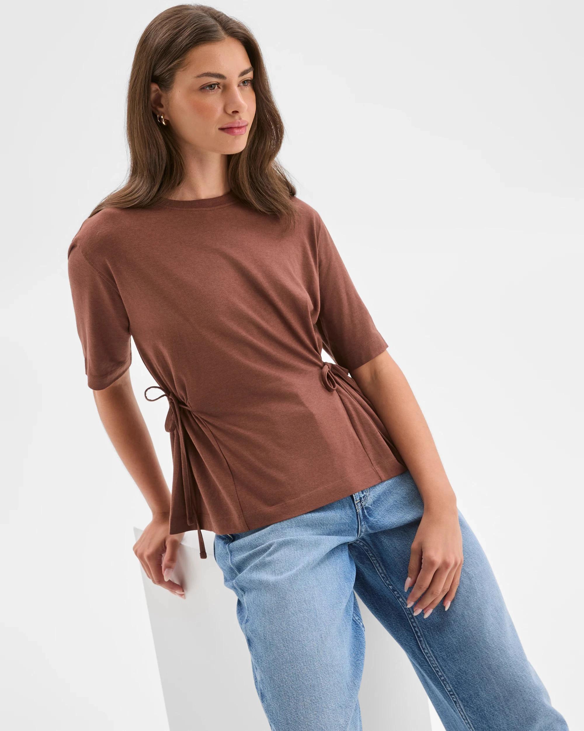 2 Target Petites Petites Australian Cotton Blend Short Sleeve Tie Waist T-Shirt SOFT BROWN, 2 of 7