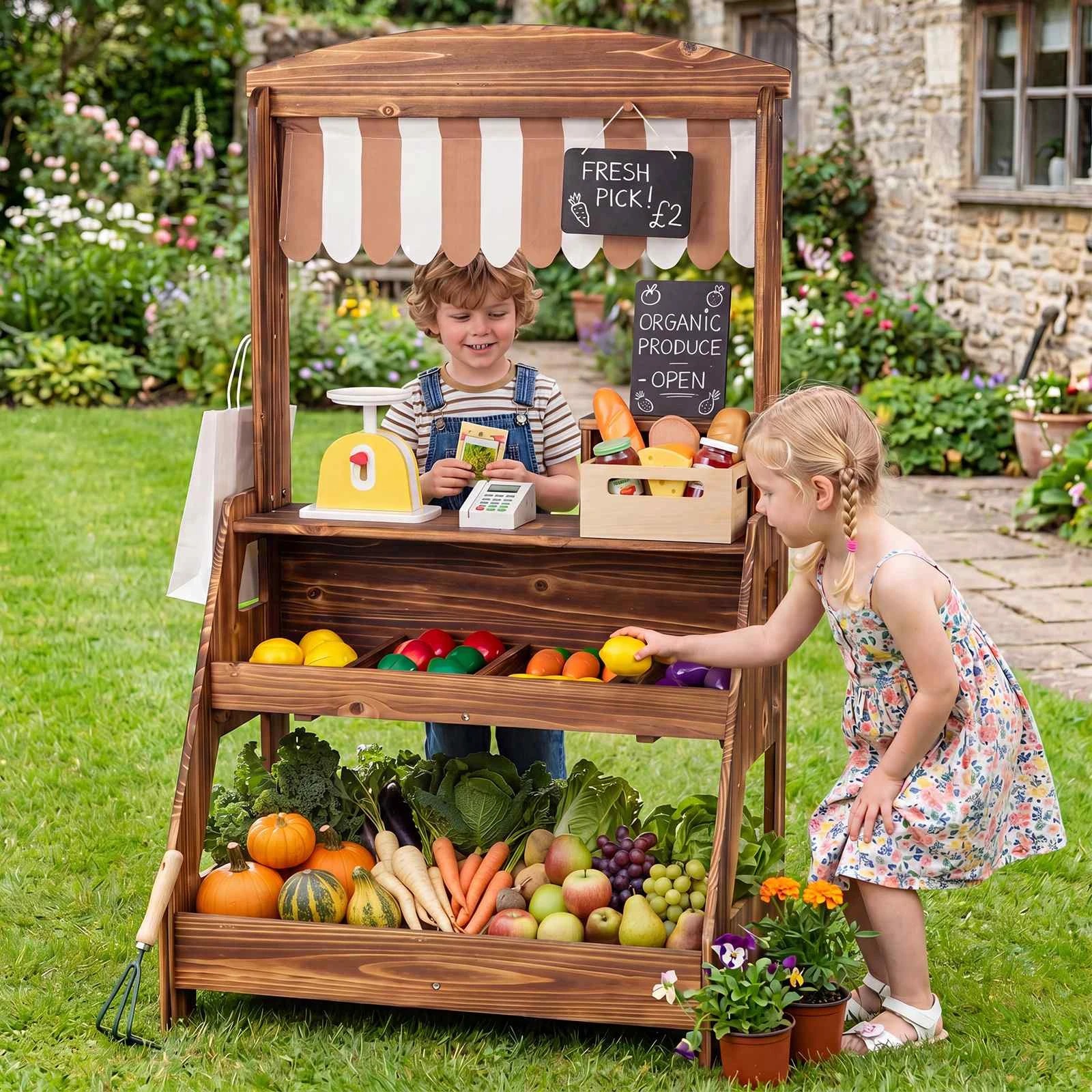 2 Costway Wood Mud Kitchen & Market Stand 2in1 Pretend Playset Planter Box 2 Chalkboard - Brown, 2 of 4