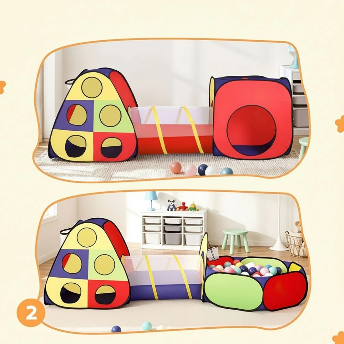 4 Keezi Kids Play Tent Pop Up Teepee Playhouse Ball Pit Crawl Tunnel Basketball Hoop - Multi, 4 of 8