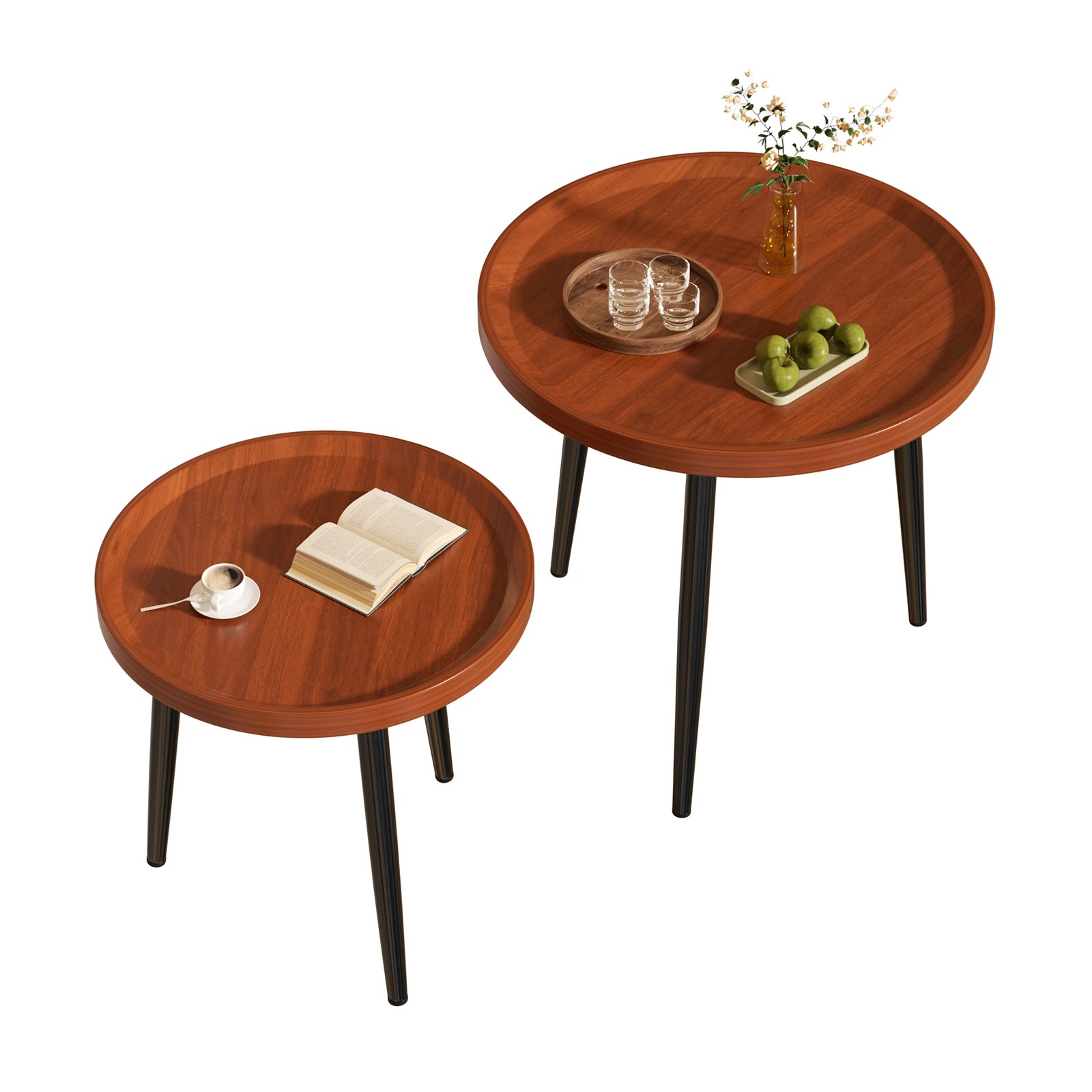 7 Advwin Nesting Coffee Tables Set of 2 Convertible w/ Raised Edge - Walnut, 7 of 7