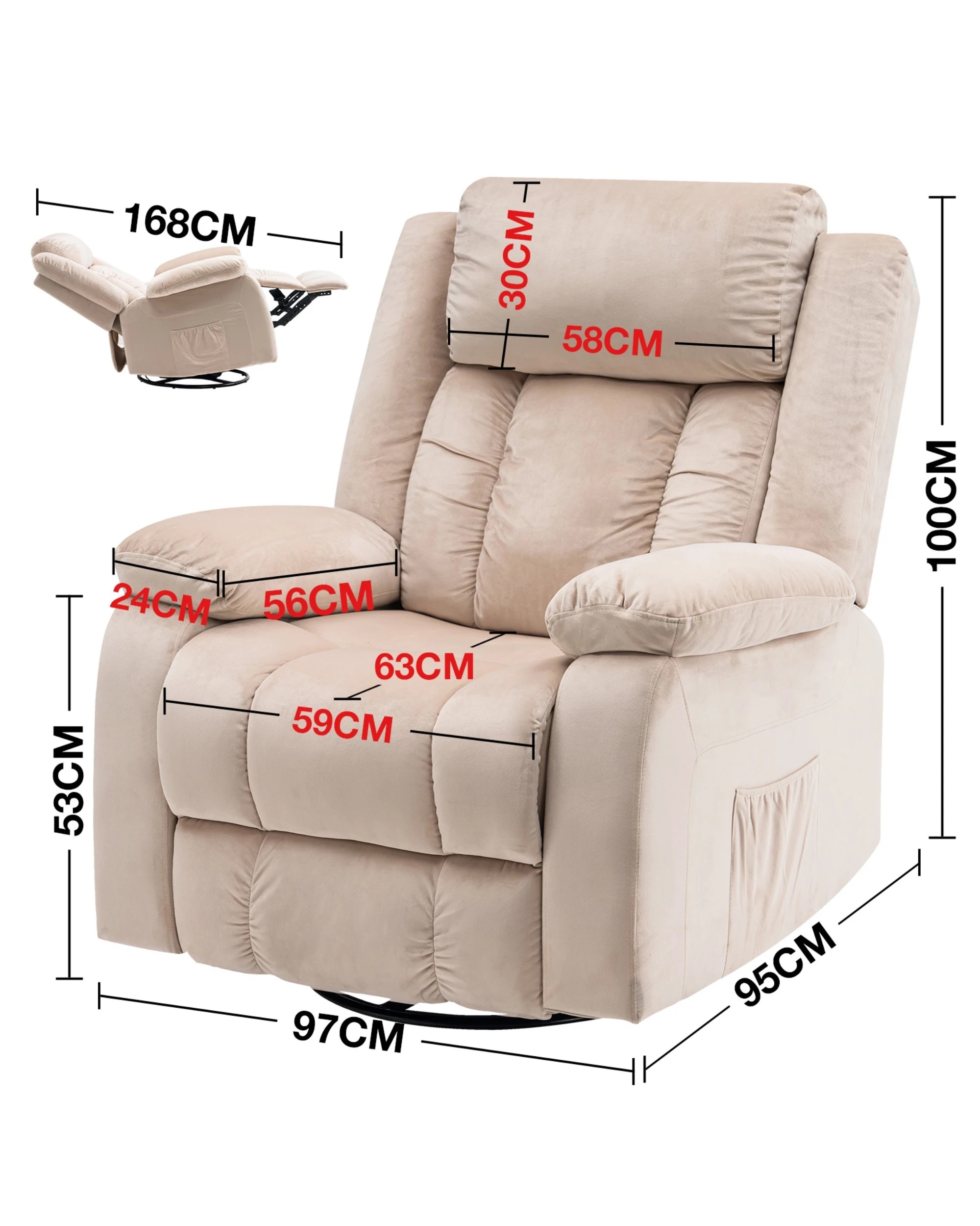 2 Advwin Recliner Chair Electric Heat Massage Lounge Armchair Rotatable Velvet - Beige, 2 of 8