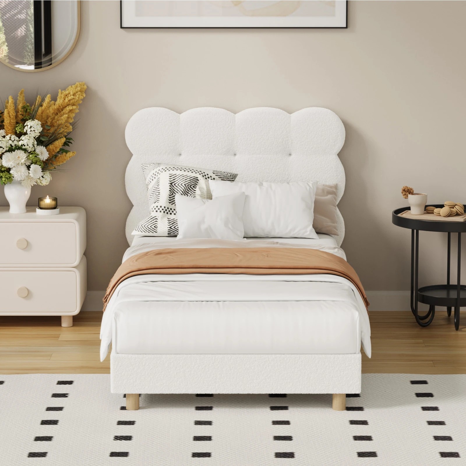3 Oikiture Bed Frame Single Size Tufted Bedhead- White, 3 of 9