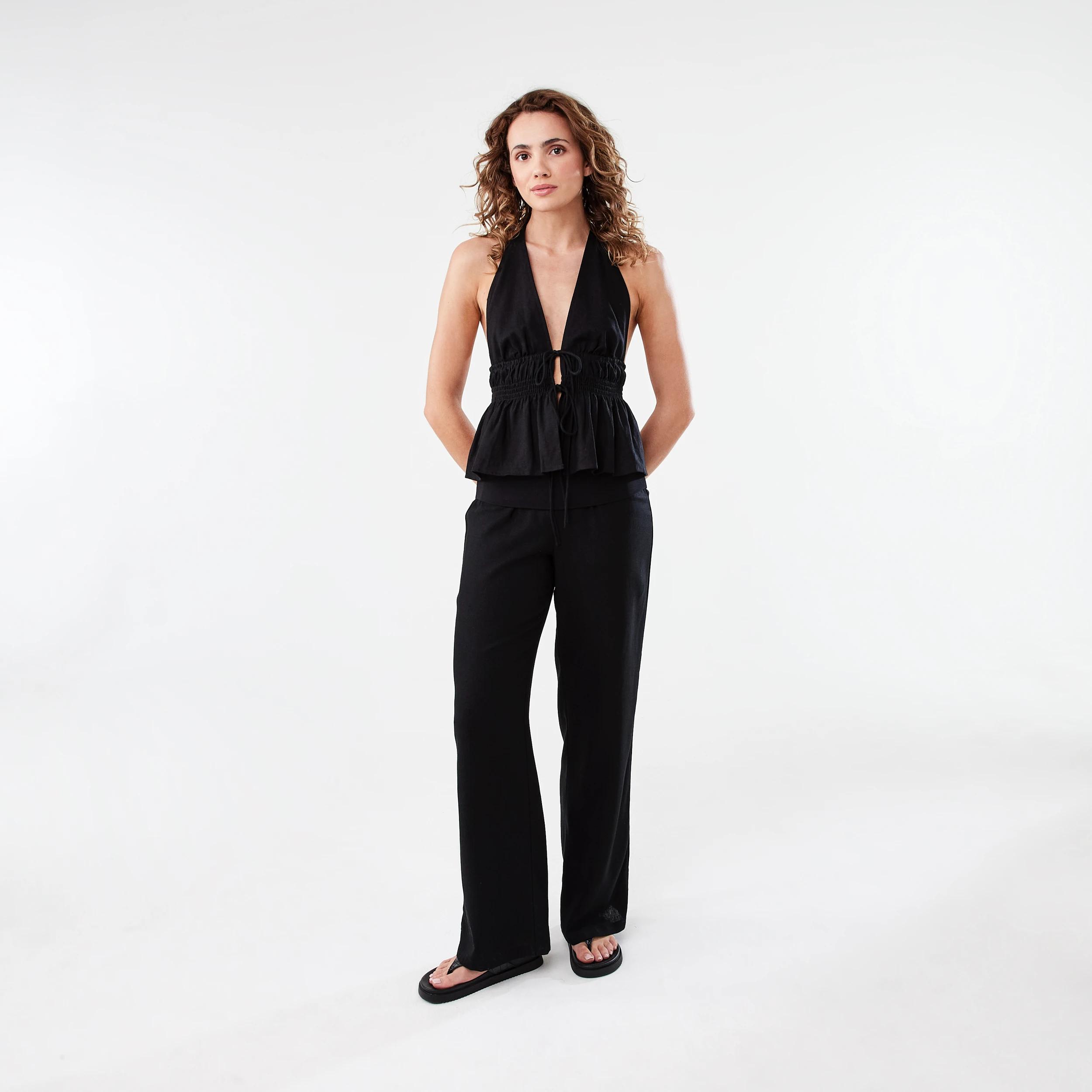 2 Linen Blend Fold Over Pants Black, 2 of 5