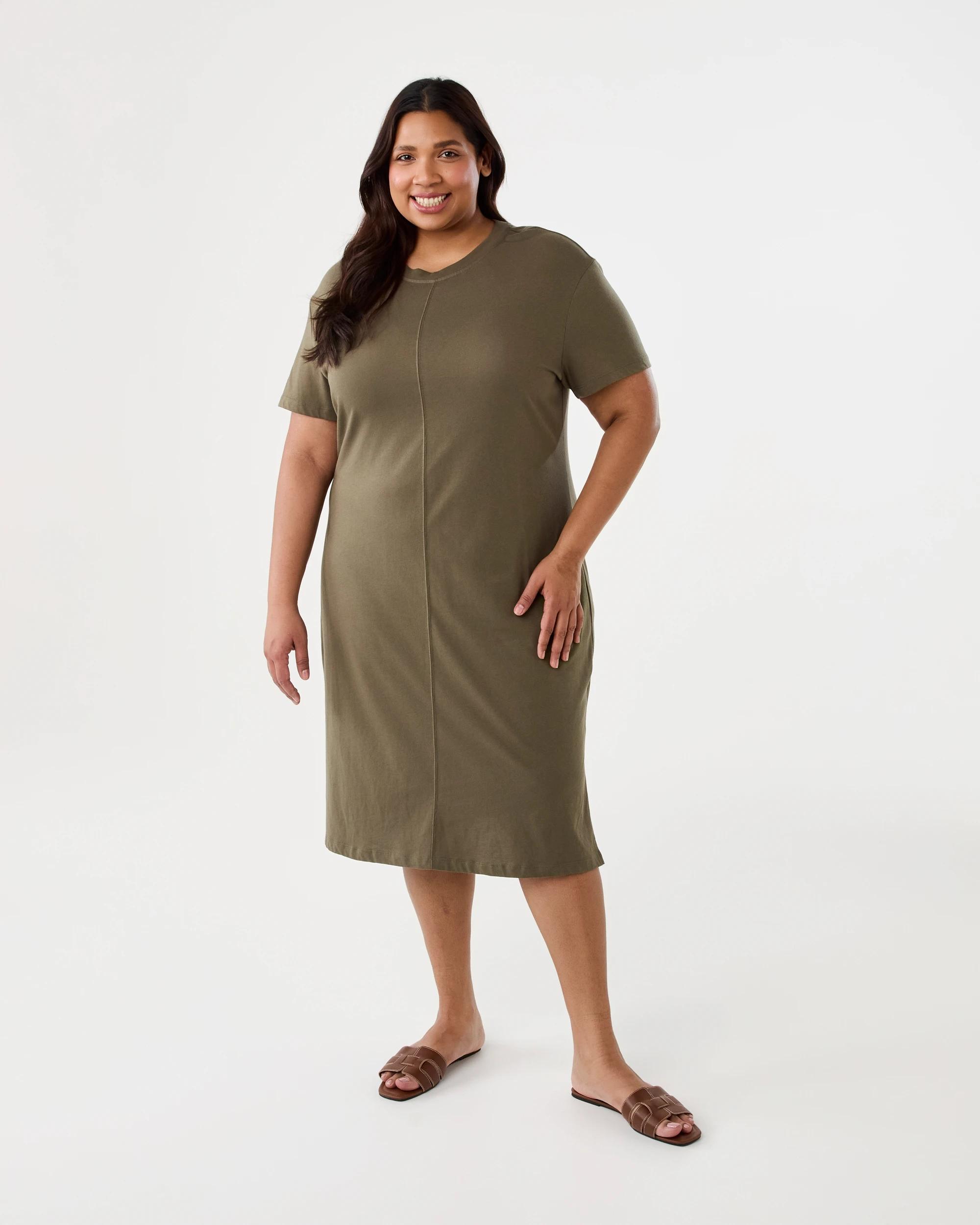 1 Curve Short Sleeve Seamfront Dress Deep Olive, 1 of 5