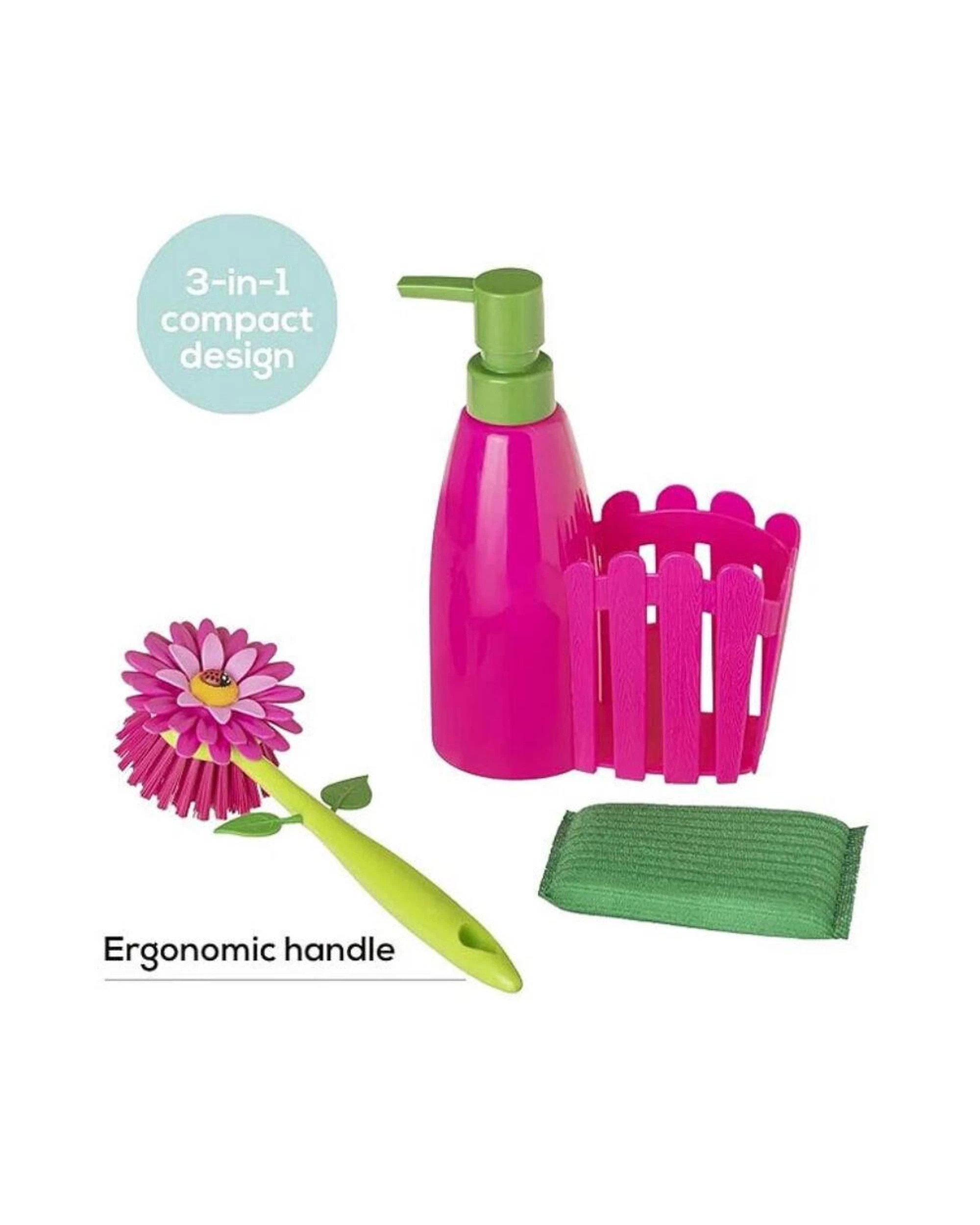 3 Vigar Flower Power 3 Piece Set  Sink Caddy Dish Brush Dispenser 340ml Pink, 3 of 3