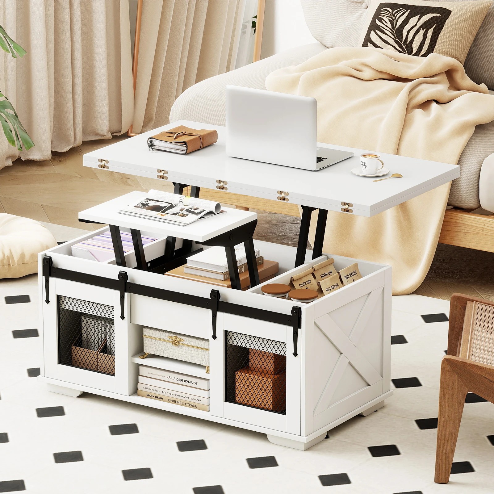 4 Costway Lift Top Coffee Table 3-in-1 Dining Table Farmhouse Center Table - White, 4 of 7