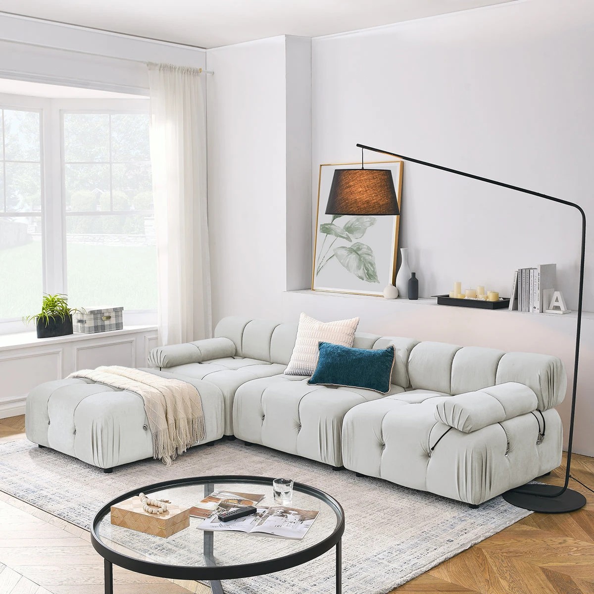 4 Foret 3 Seater Sofa Modular Arm Seat Tufted Velvet Lounge Couch Chaise Beige, 4 of 9