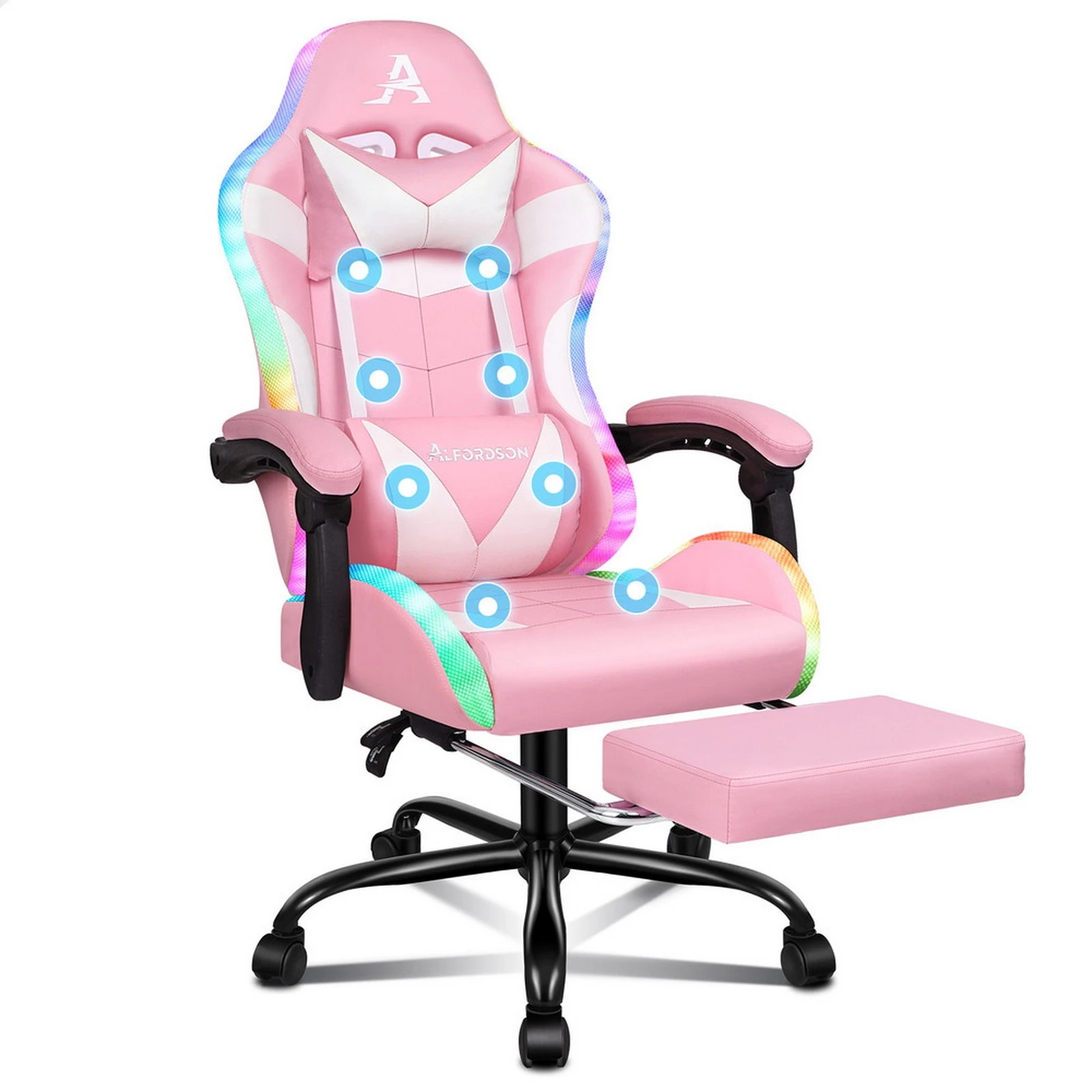 1 Alfordson Gaming Chair Office Massage 12 RGB LED Computer Seat PU Leather - Pink, 1 of 10