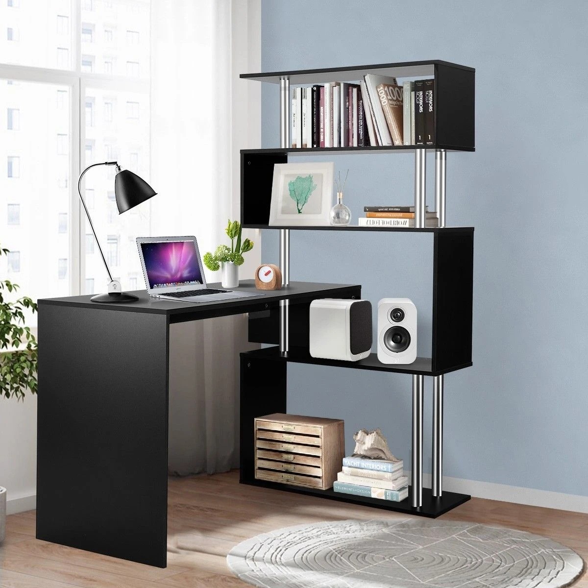 3 AUSWAY Home Office Computer Desk Corner Table Tier Bookshelf Storage L-Shaped Rotating Table Black, 3 of 7