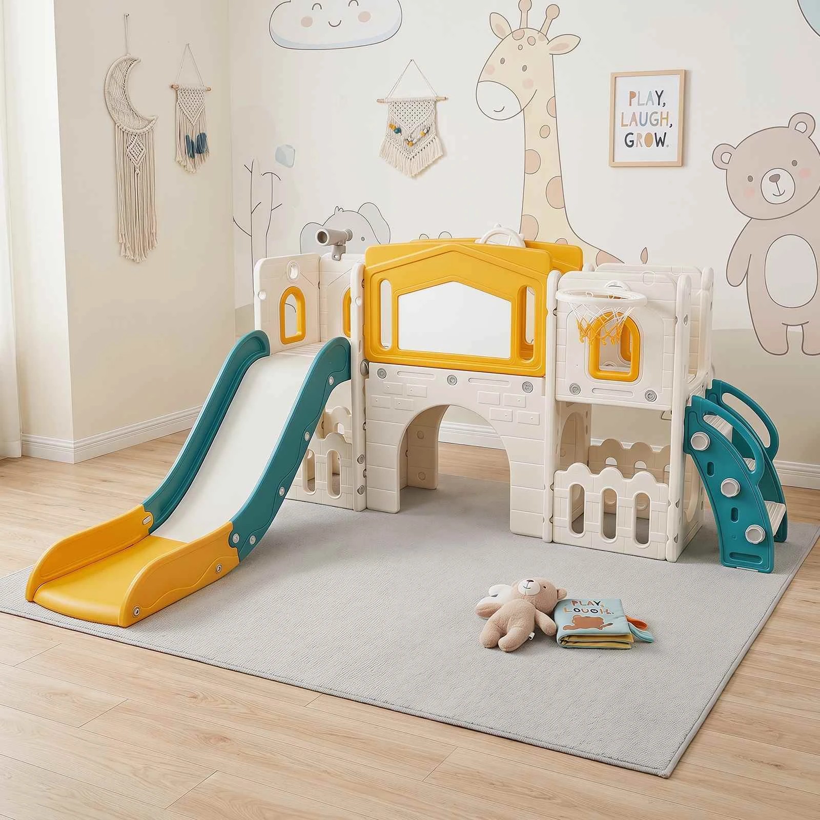3 Costway 9 in 1 Slide Set Climber Playset Basketball Hoop Telescope Music Box Climb Ladder - Yellow, 3 of 3