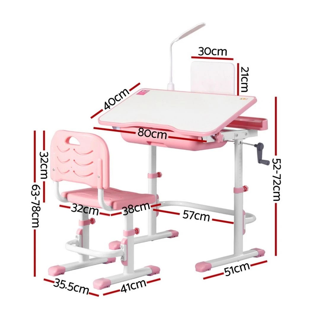 2 Keezi Kids Table and Chair Set Adjustable Study Desk w/ LED Lamp Reading - Pink, 2 of 7