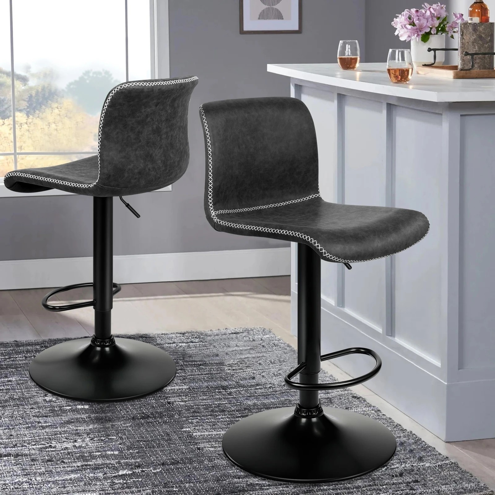 2 Alfordson 2x Bar Stools Remy Kitchen Gas Lift Swivel Chair Vintage Leather - Grey, 2 of 8