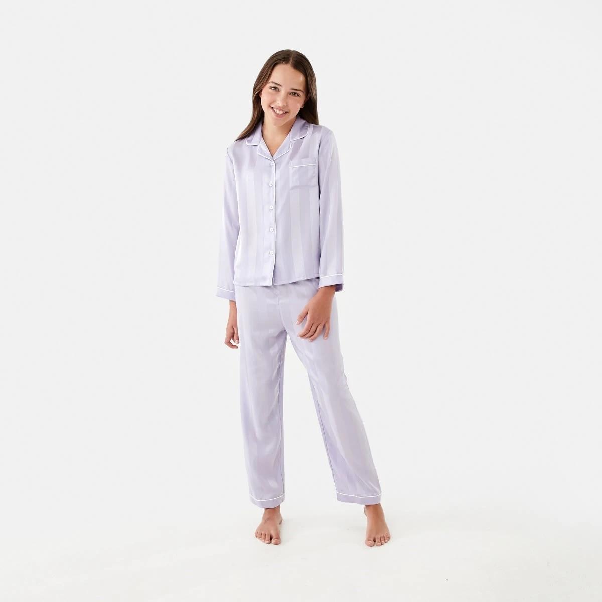 1 Long Sleeve Satin Pyjama Set Pur Stripe, 1 of 10
