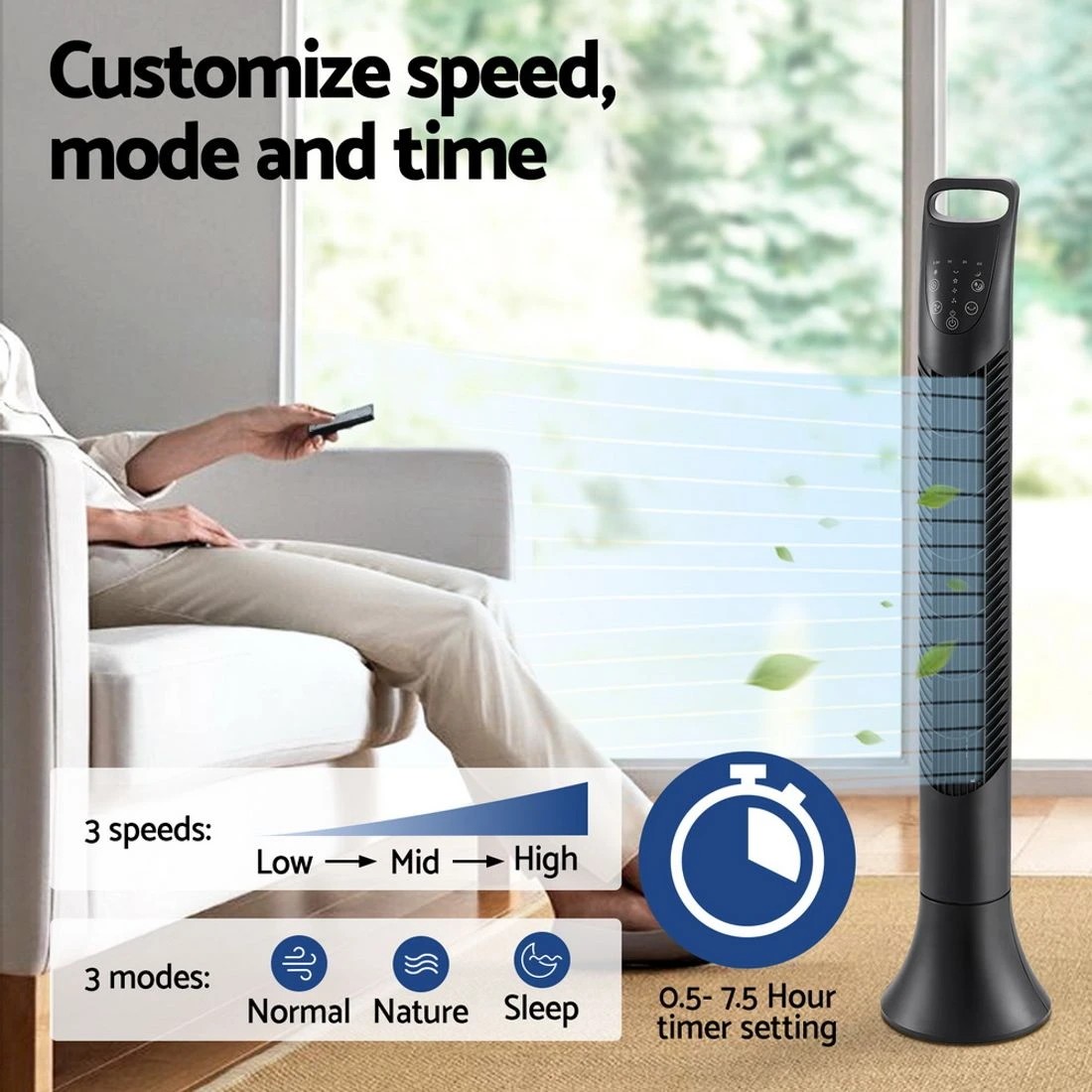 5 Devanti Tower Fan Oscillating 3 Speeds with Remote 91cm - Black, 5 of 7